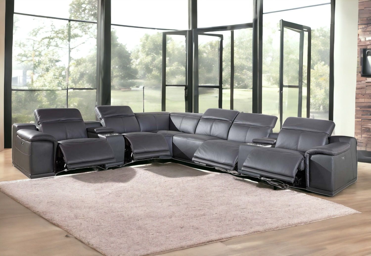 Italian Leather U Shaped Power Reclining Eight Piece Corner Sectional With Console - Gray