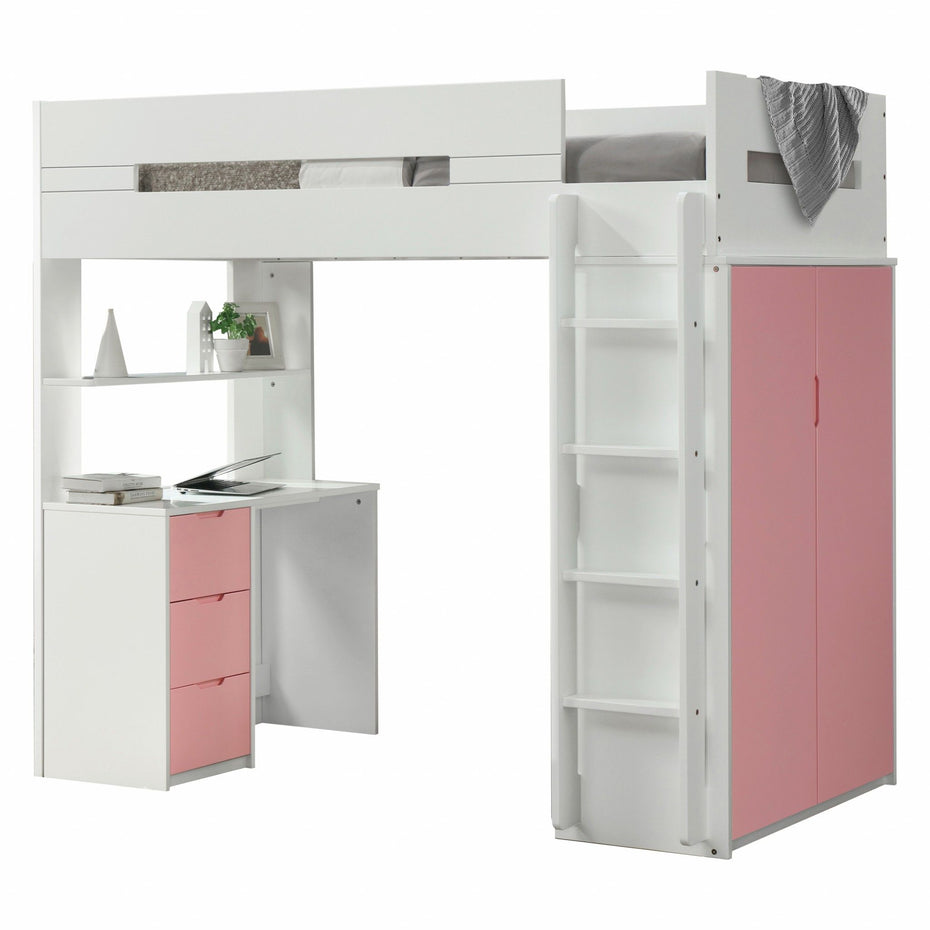 Twin Loft Bed And Desk - White / Pink