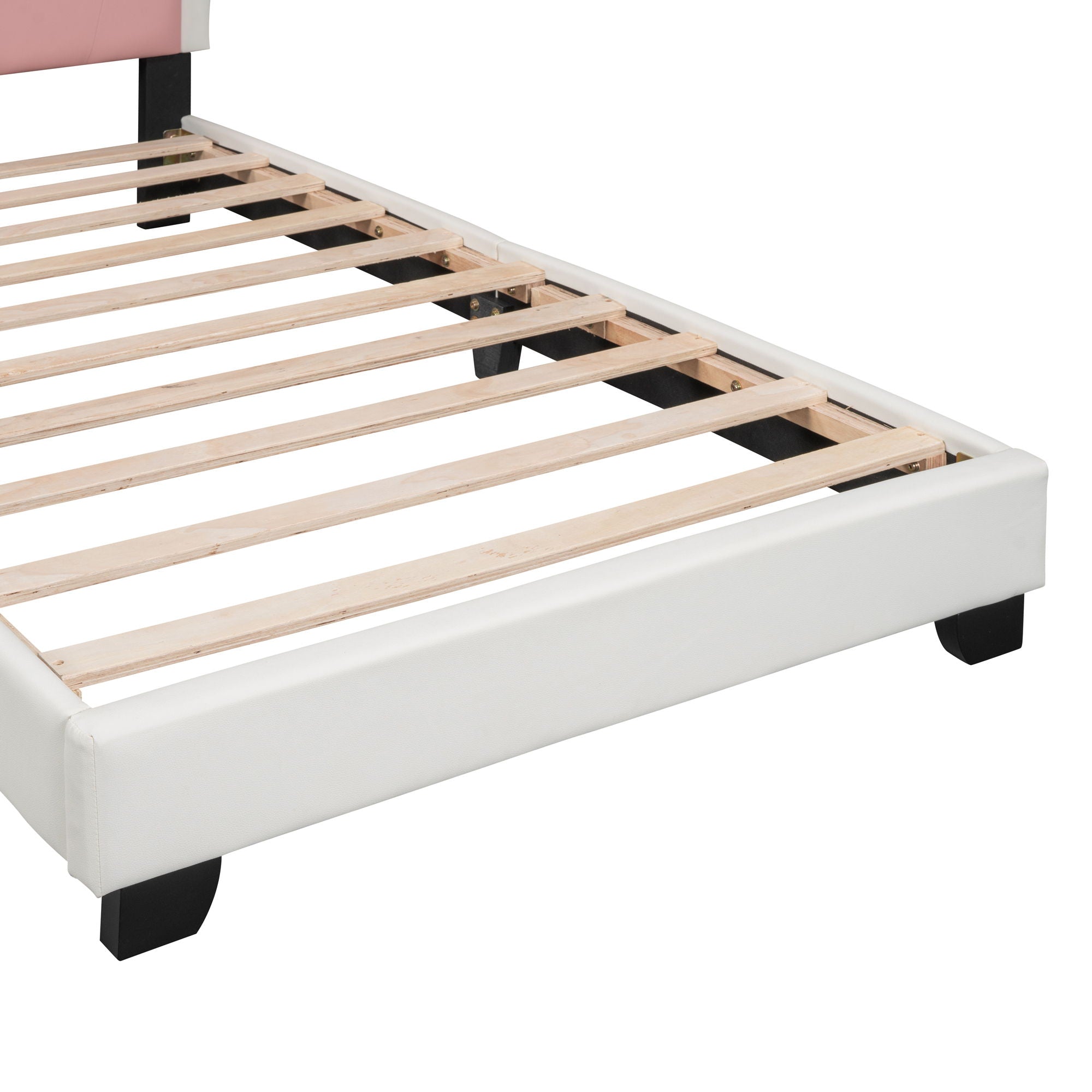 Twin Size Upholstered Princess Bed With Crown Headboard, Twin Size Platform Bed With Headboard And Footboard - White / Pink