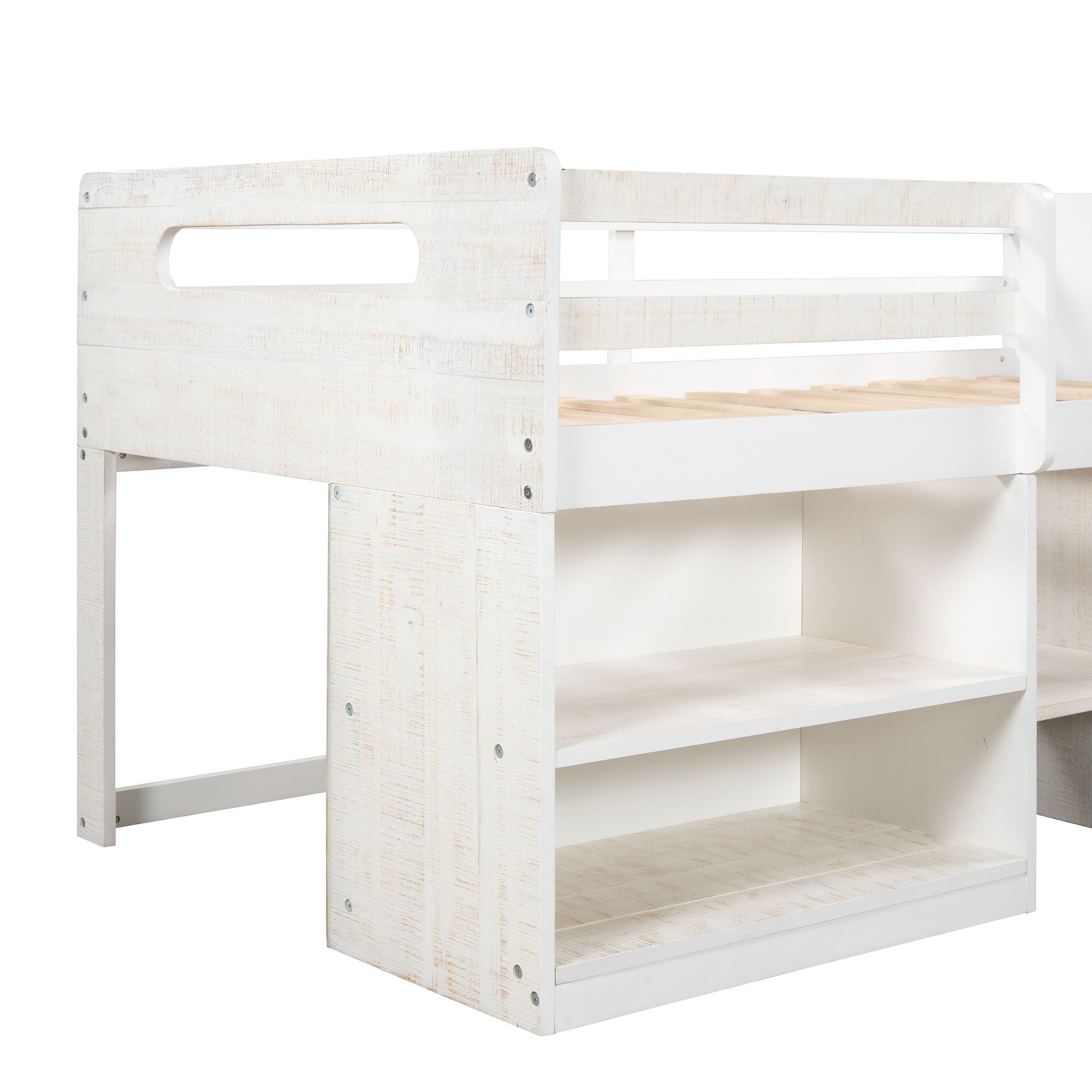 Twin Size Loft Bed With Two Shelves And Two Drawers