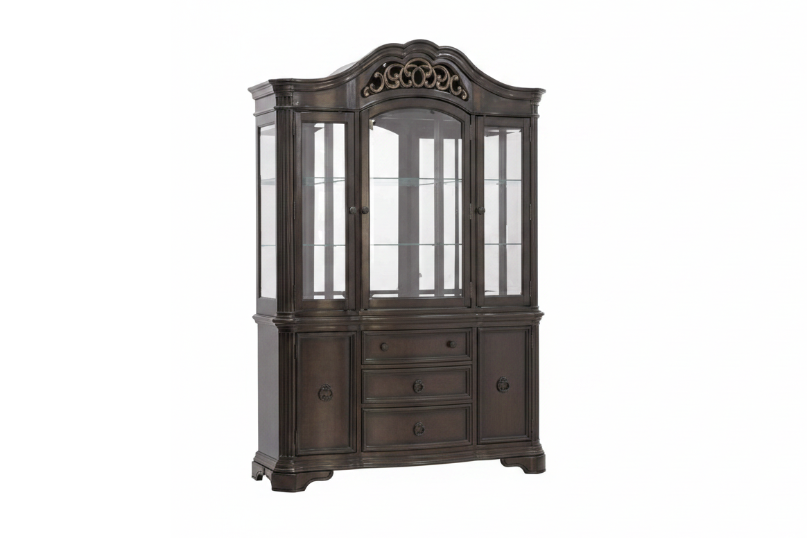 Espresso Traditional China Cabinet with Glass Hutch & Buffet Storage