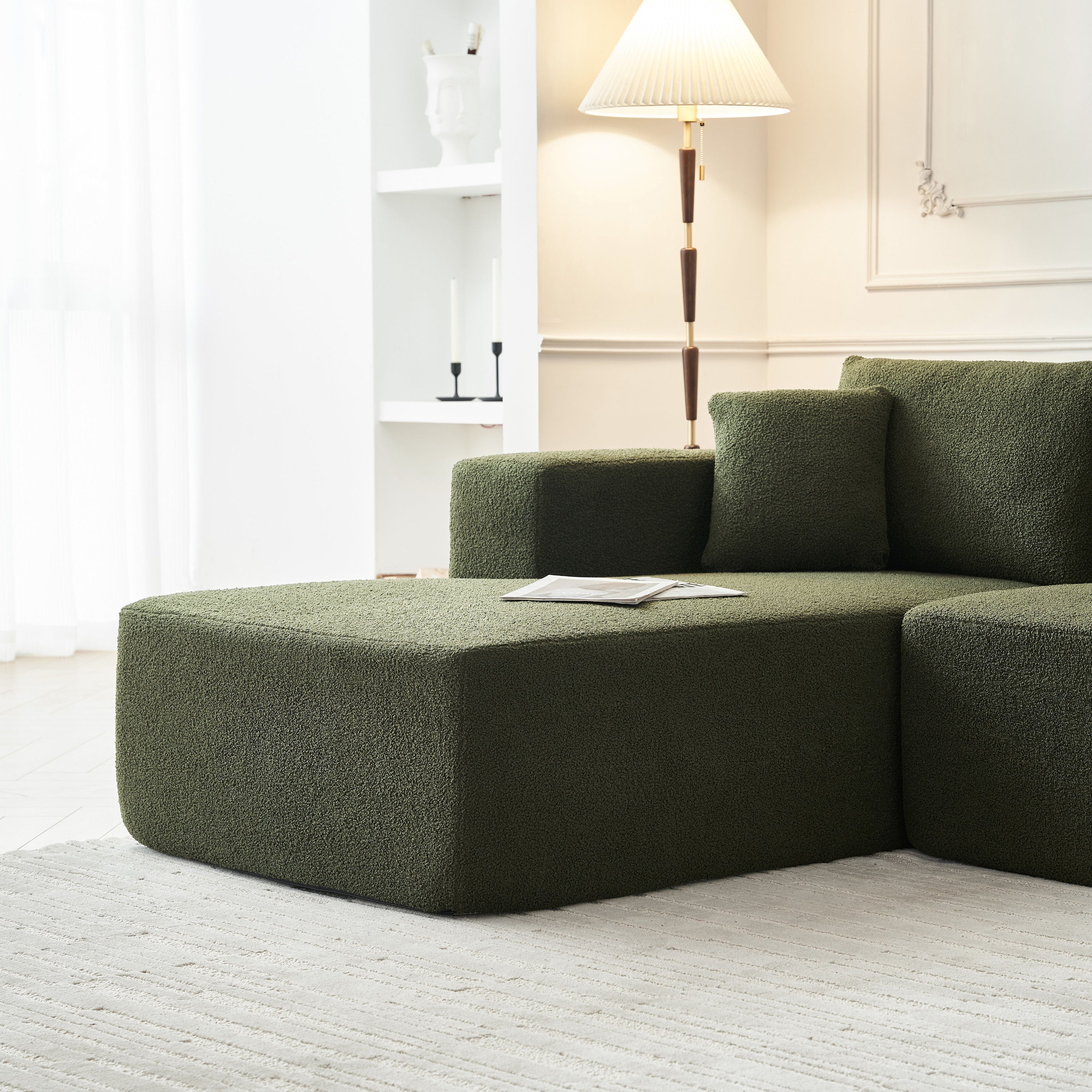 Sponge Sectional Sofa Couch For Living Room, L Shaped Modern Lamb Modular High Density Sponge Floor Sofa, Sherpa Fabric Sofa Couch With Chaise Lounge, Upholstered Corner Cloud Couch - Green