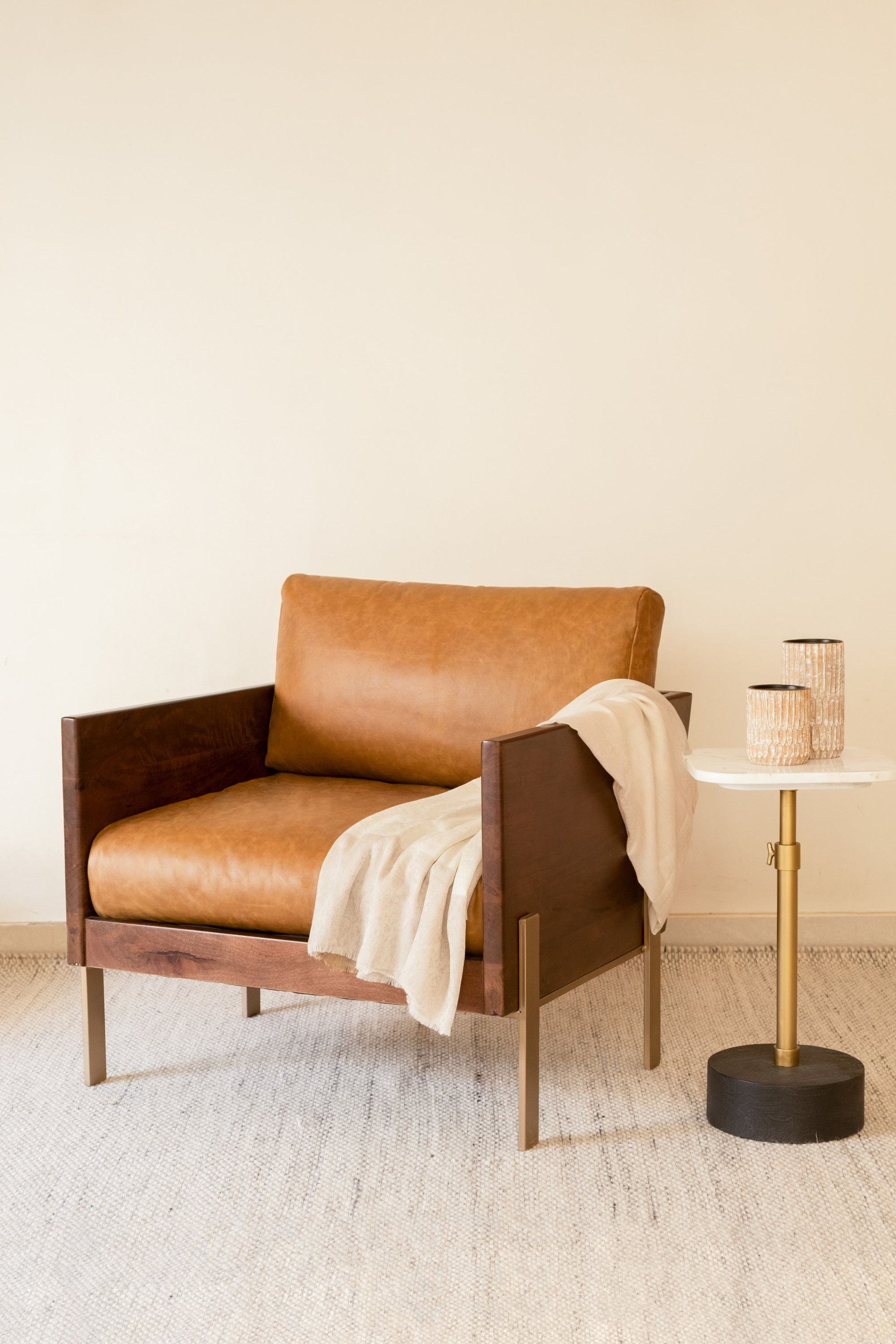 Top Grain Leather And Gold Arm Chair - Carmel Brown