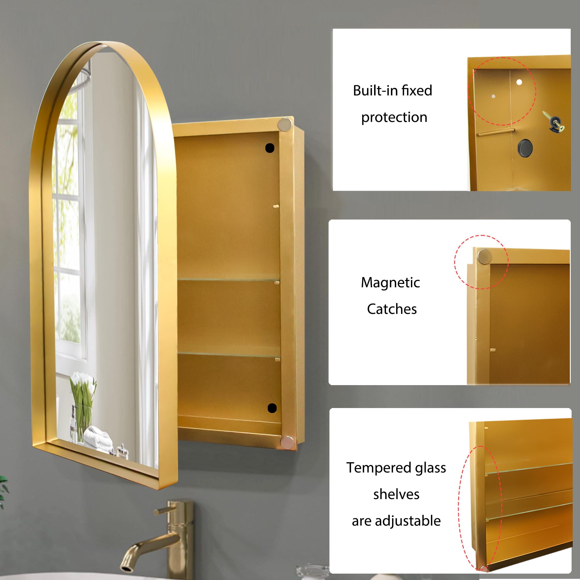 Arched Recessed Medicine Cabinet, Metal Framed Bathroom Wall Cabinet With Mirror And Adjustable Shelves, Wall Mirror With Storage For Bathroom