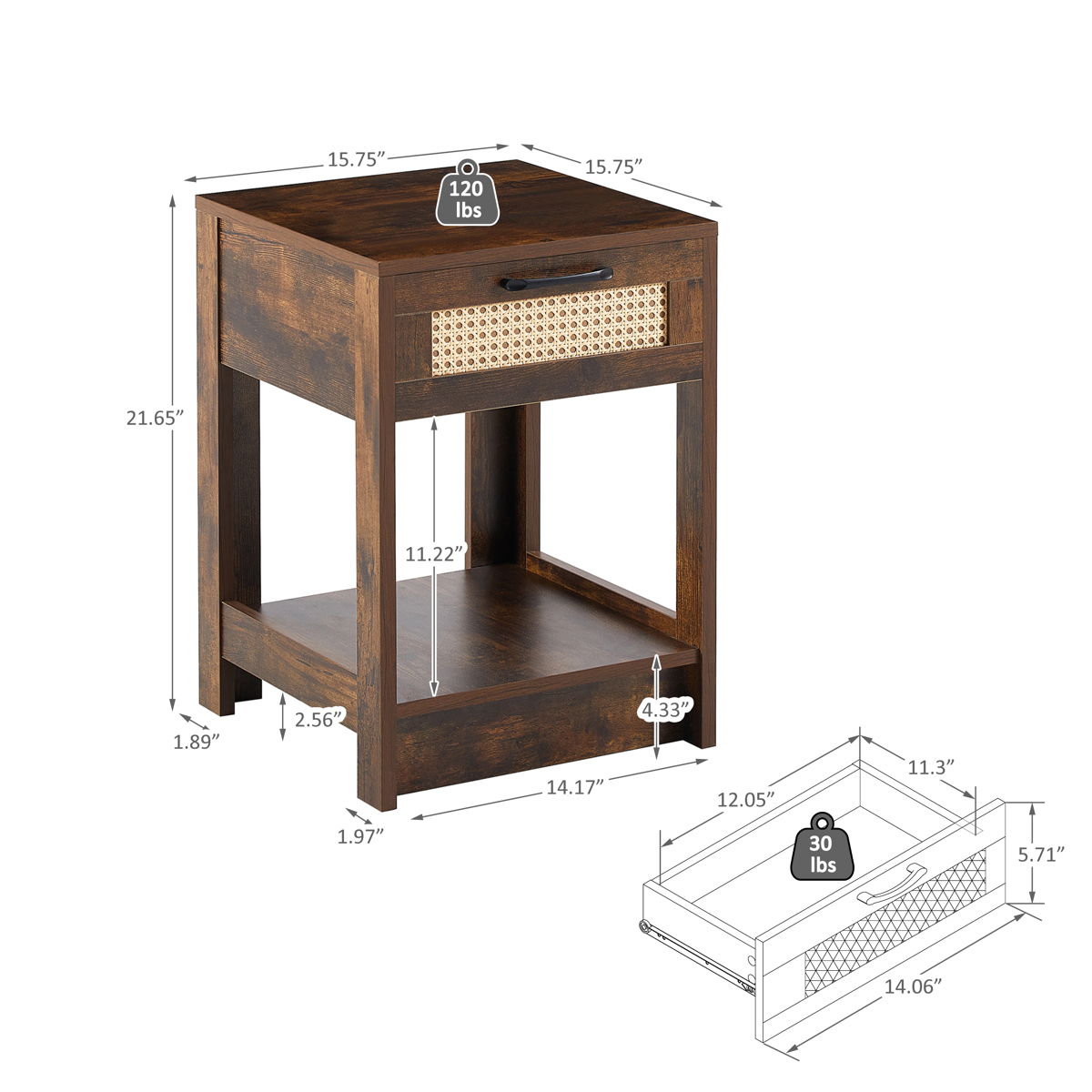 15.75" Rattan End Table With Drawer, Modern Nightstand, Side Table For Living Room, Bedroom