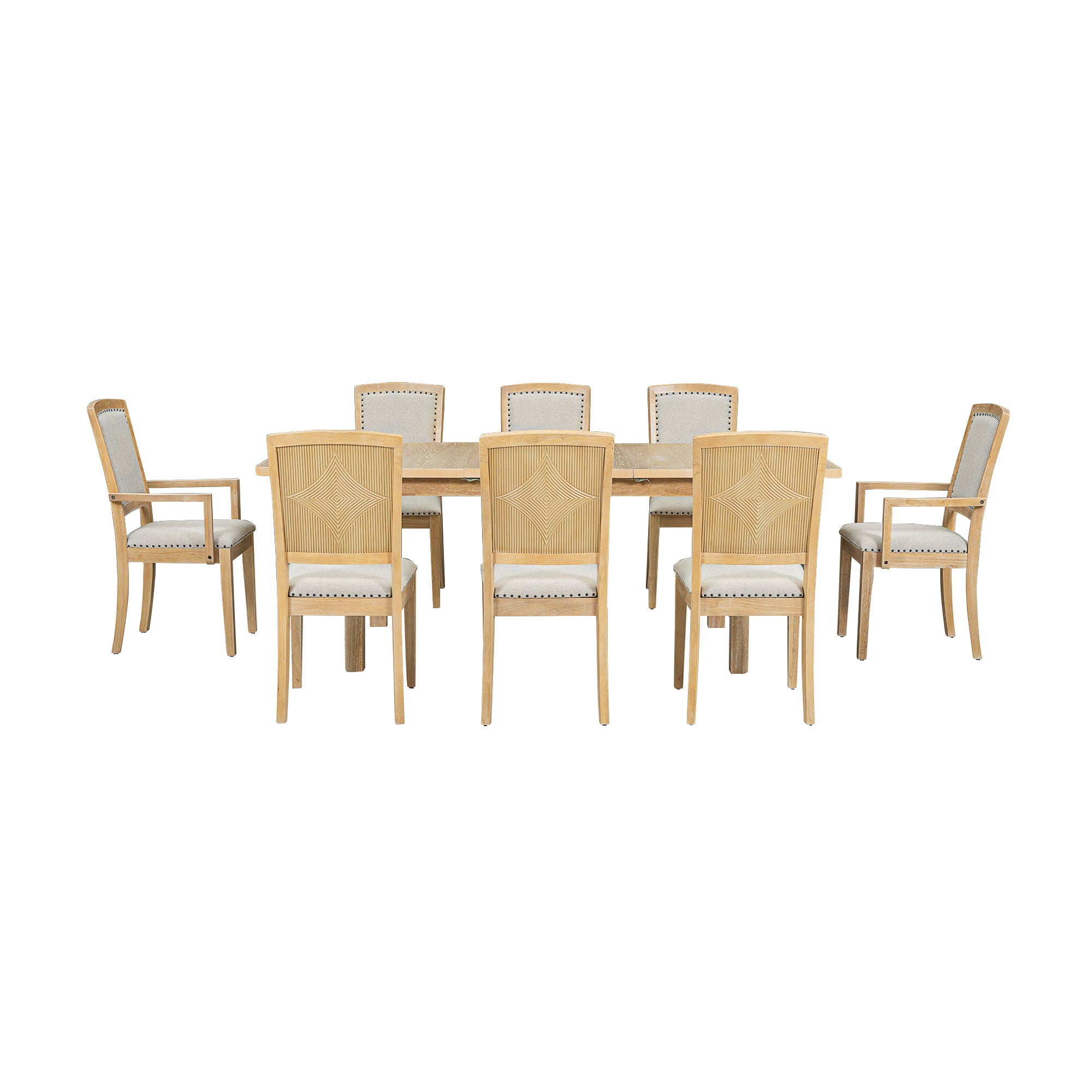 Topmax - Rustic Extendable Dining Table Set With Removable Leaf, 6 Upholstered Armless Dining Chairs And 2 Padded Arm Chairs, 9 Pieces