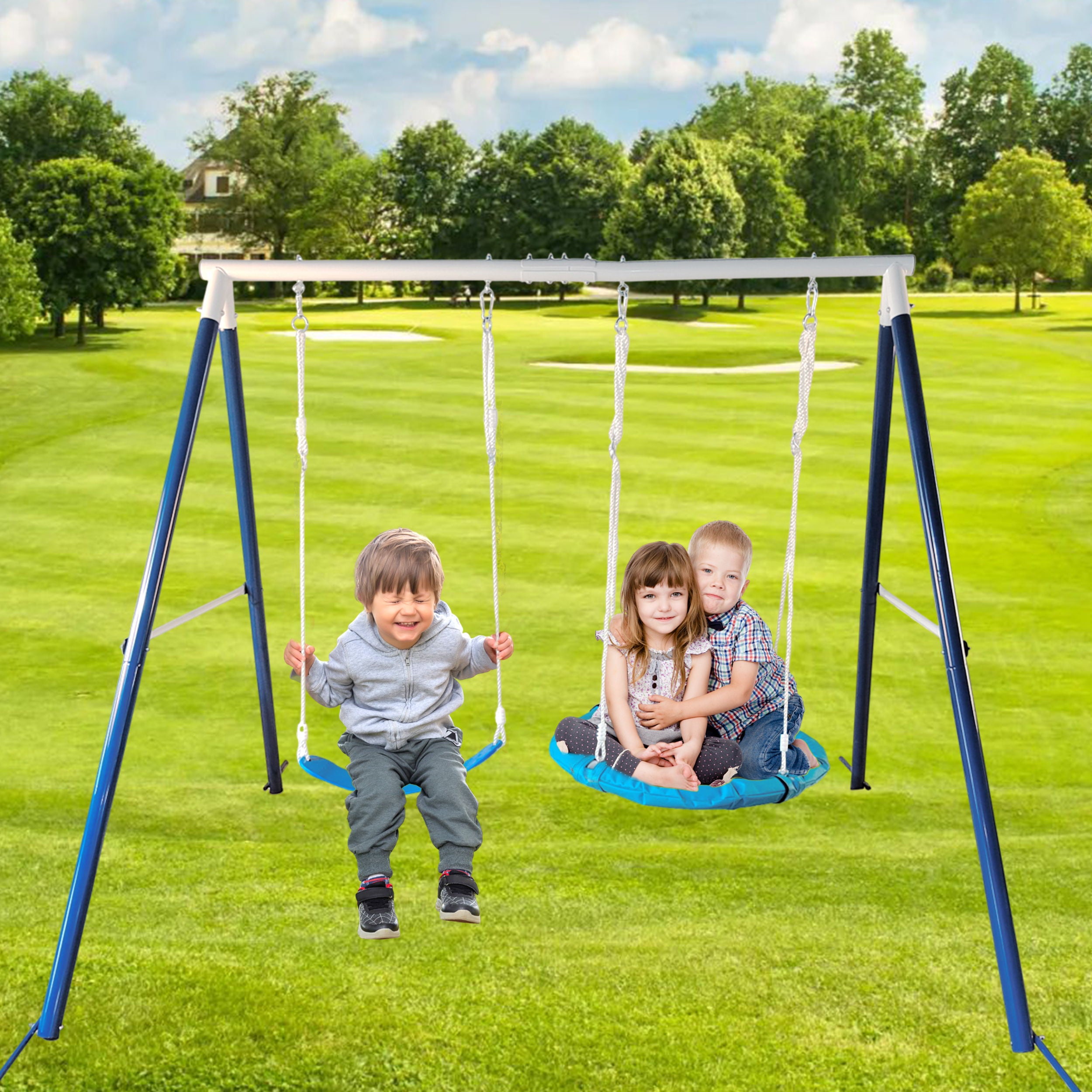 Kids Metal Swing Set For Backyard Outdoor Playground Two Functional Swing Set For Kids Outdoor Equipment - Antique Blue