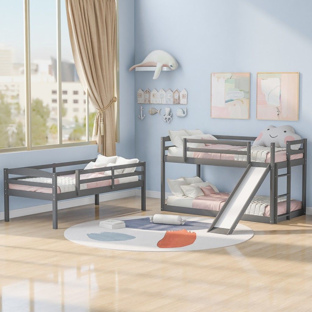 Triple Bunk Twin Sized Bed with Slide - Gray