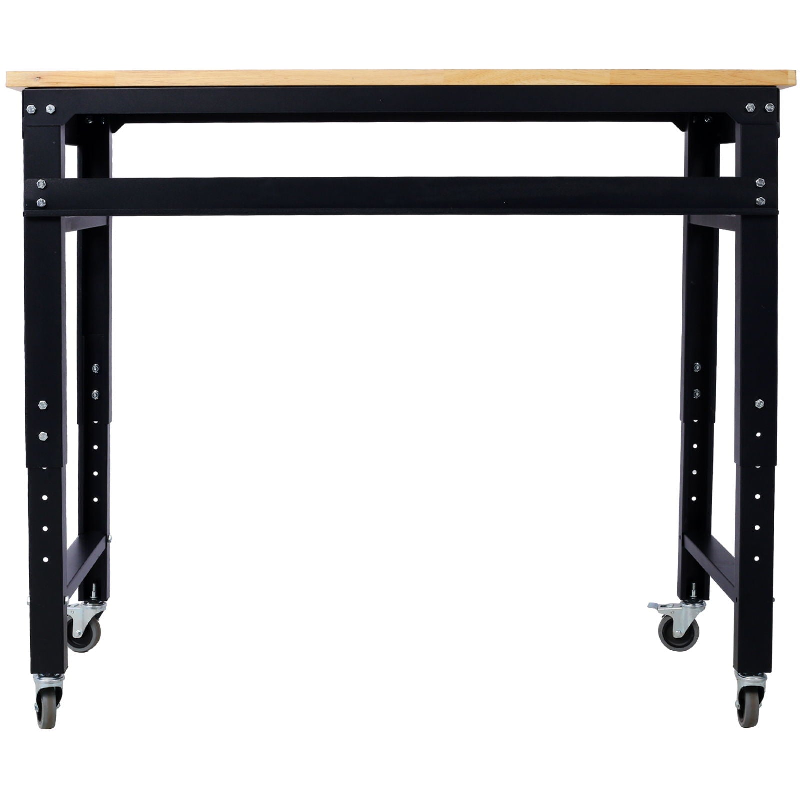 Wide Rolling Workbench For Garage, Adjustable Height, Workshop Tool Bench, Metal With Rubber Wood Top