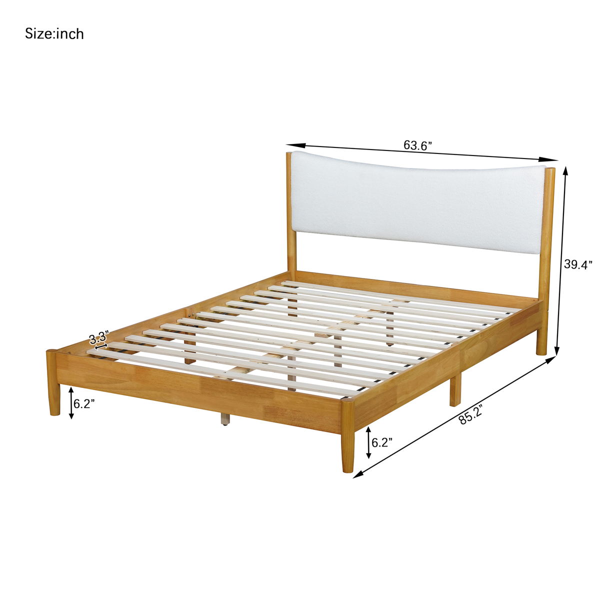 Queen Size Rubber Wooden, Solid Wooden Bed With Teddy Velvet Cushion Upholstered Headboard, Enhanced By Support Feet - Natural