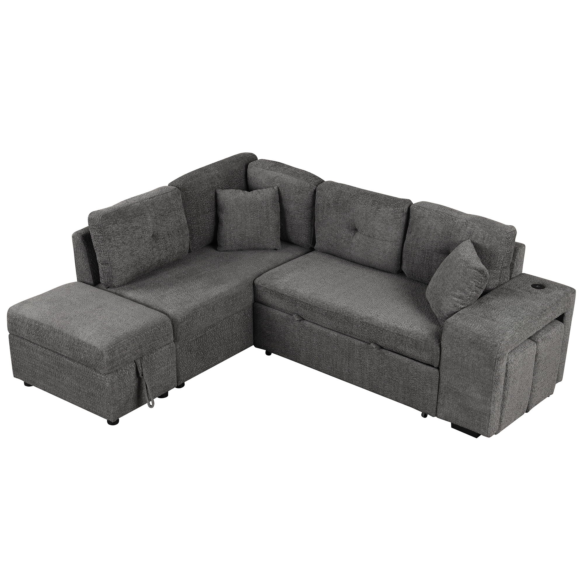 Convertible Sleeper, Sectional Pull Out Sofa Bed With Storage Ottoman, 2 Throw Pillows, 2 Stools, Wireless Charger And Two Hidden USB Ports For Living Room