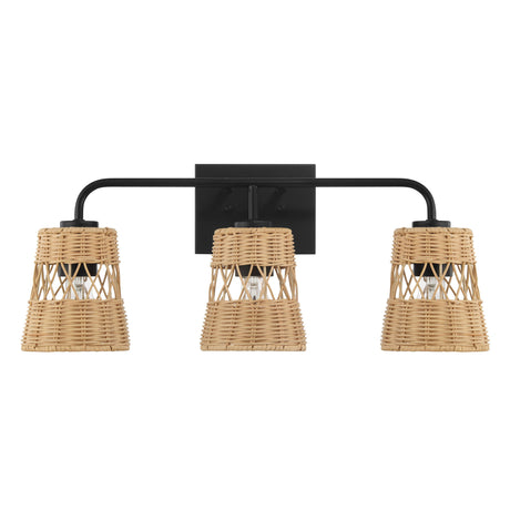 Moonlit - 3 Lights Wall Sconce With Shade, Bathroom Lighting Fixtures Over Mirror - Black / Rattan - view 7