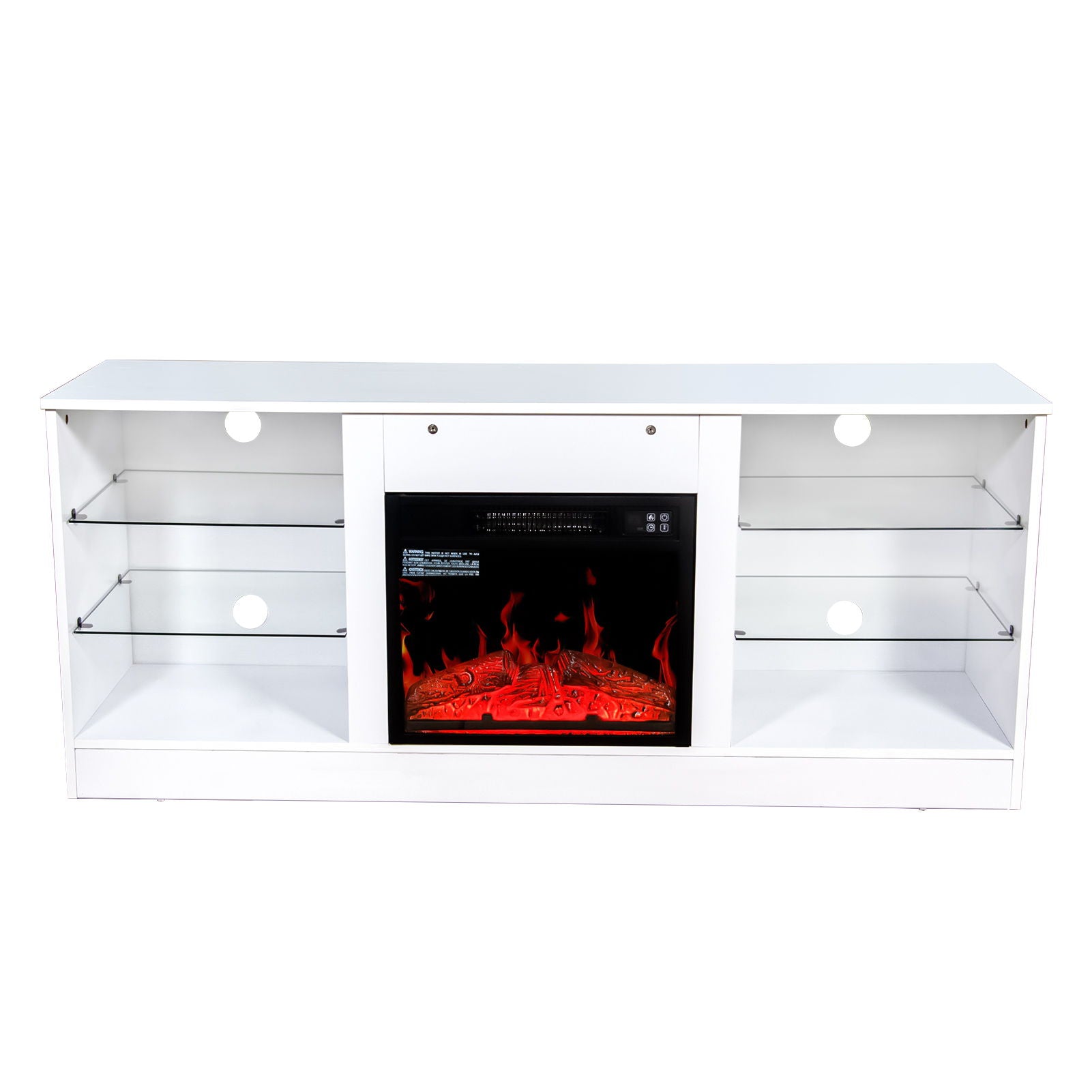 Fireplace TV Stand With 18" Electric Fireplace Heater, Modern Entertainment Center For TVs Up To 62" With Adjustable Glass Shelves And Storage Cabinets