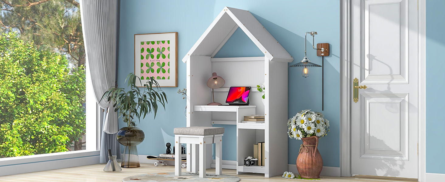 House-Shaped Kids Desk With A Cushion Stool, House-Style Desk And Stool Set