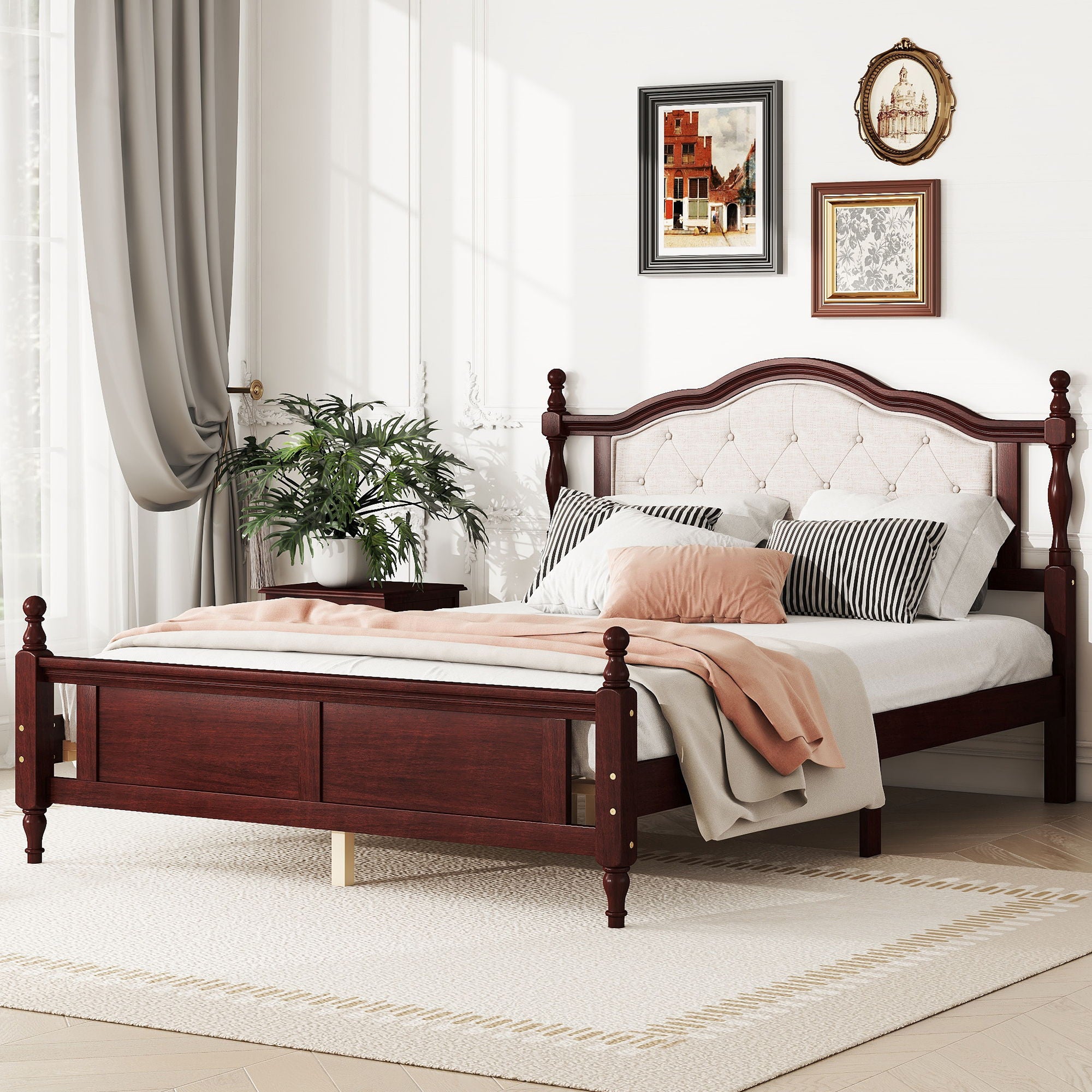 Pine Wooden Bed With Upholstered Headboard And Panel Footboard, With Two Bed Rail Support Feet And Central Platform Support Feet