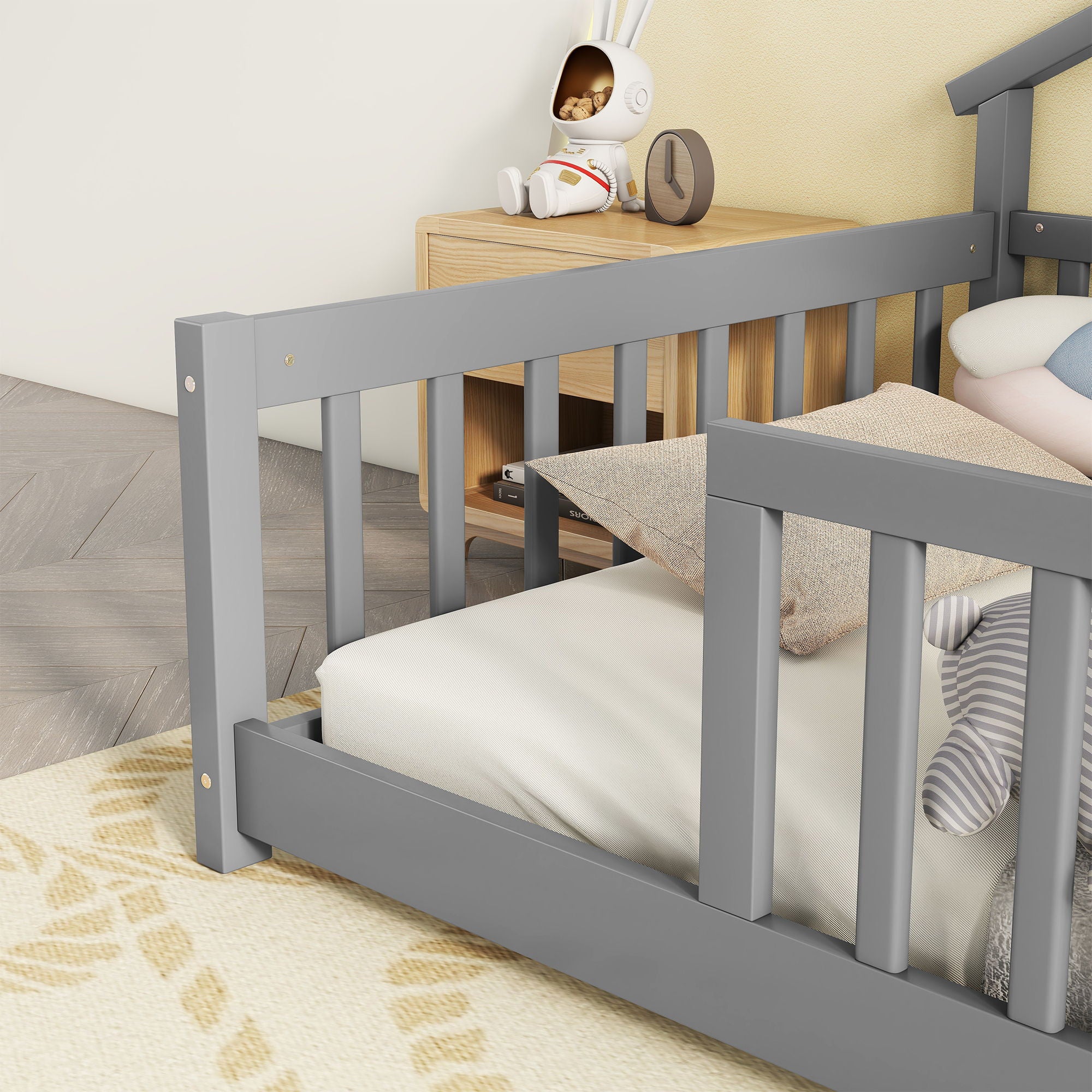 House-Shaped Bedside Floor Bed With Guardrails, Slats, Without Door