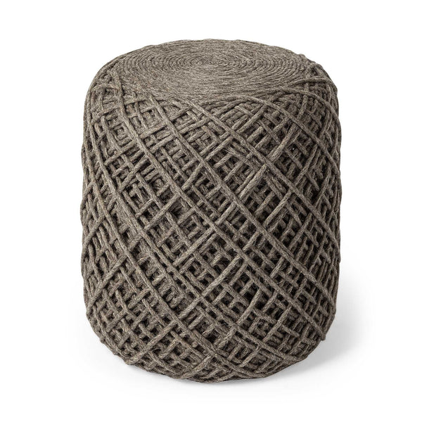 Wool Cylindrical Pouf With Diamond Pattern - Brown