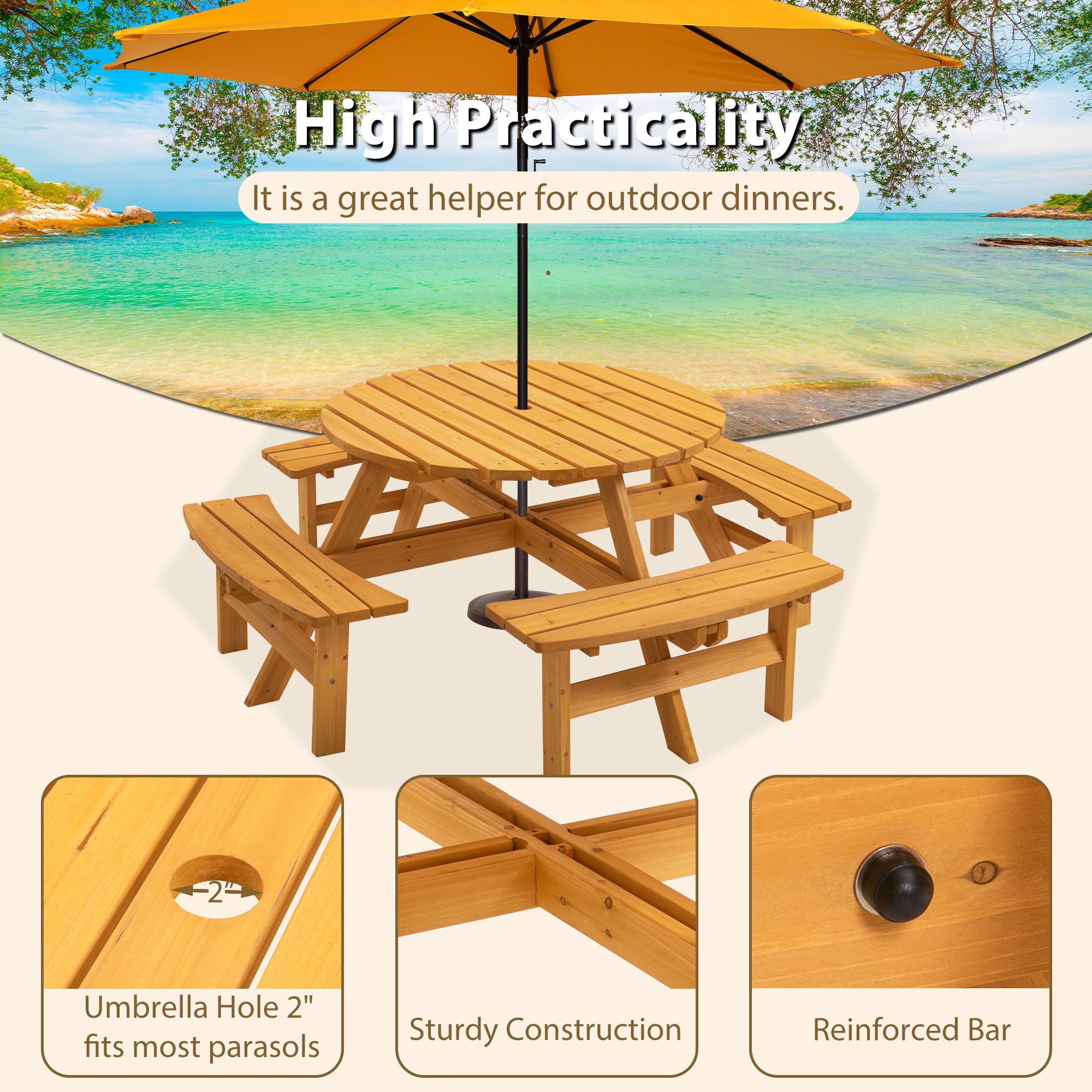 8 Person Wooden Picnic Table, Outdoor Camping Dining Table With Seat, Garden, Diy With 4 Built-In Benches, 2220Lb Capacity