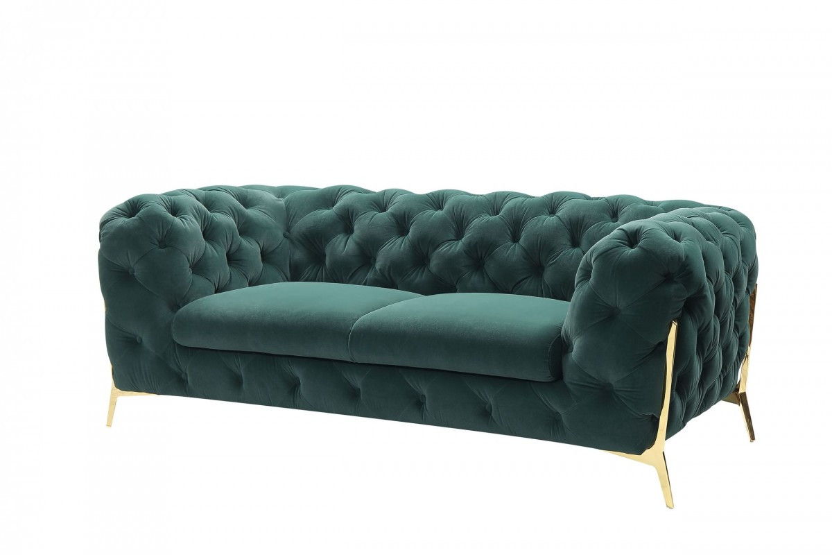 Tufted Velvet And Gold Chesterfield Love Seat - Dark Green