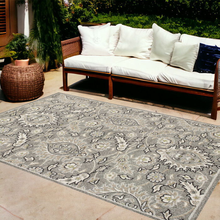 8' X 11' Machine Woven UV Treated Floral Traditional Indoor / Outdoor Area Rug - Gray