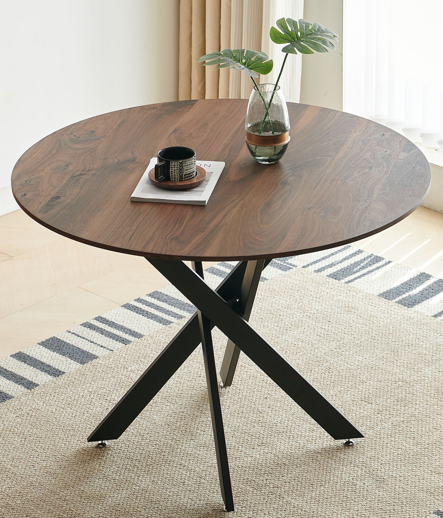 Mid-Century Dining Table For 4 - 6 People With Round MDF Table Top, Pedestal Dining Table, End Table Leisure Coffee Table, Cross Leg