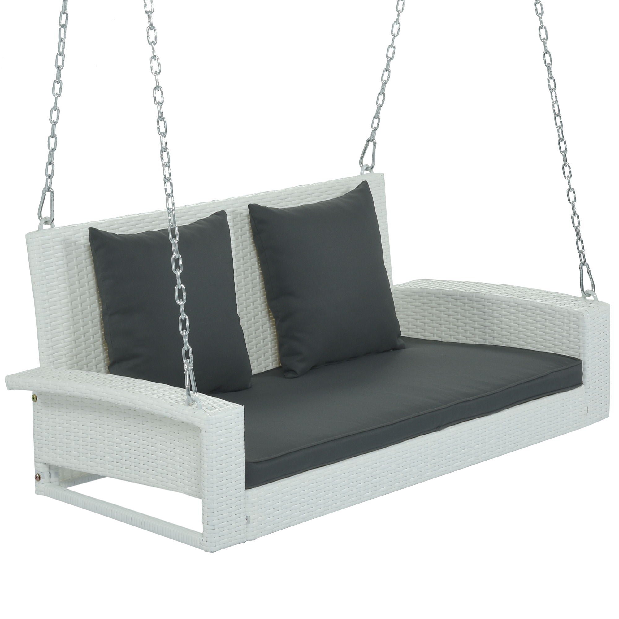 2 Person Wicker Hanging Porch Swing With Chains, Cushion, Pillow, Rattan Swing Bench For Garden, Backyard