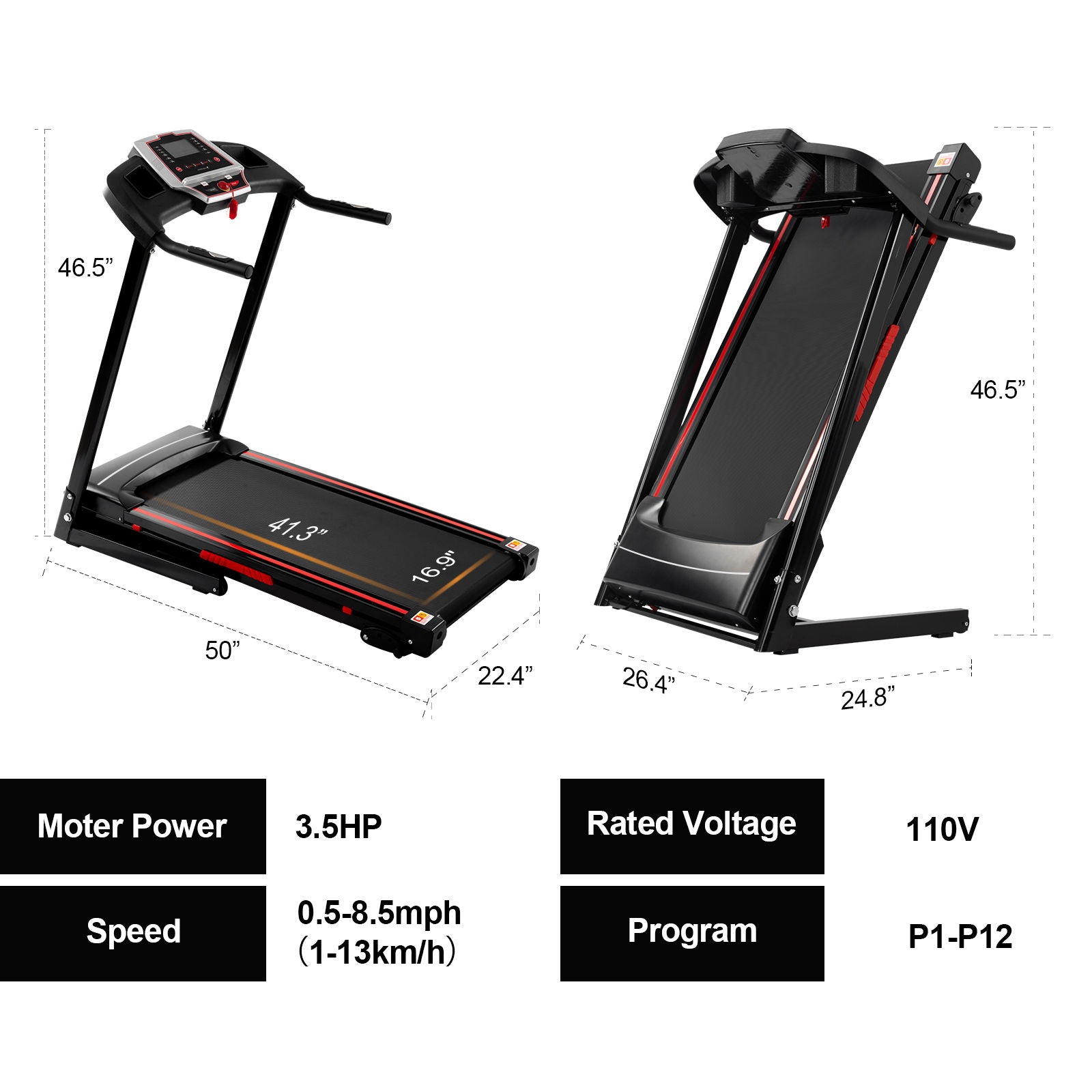 Folding Treadmills For Home - 3.5Hp Portable Foldable With Incline, Electric Treadmill For Running Walking Jogging Exercise With 12 Preset Programs, Indoor Workout Training Space Save Apartment, App - Black