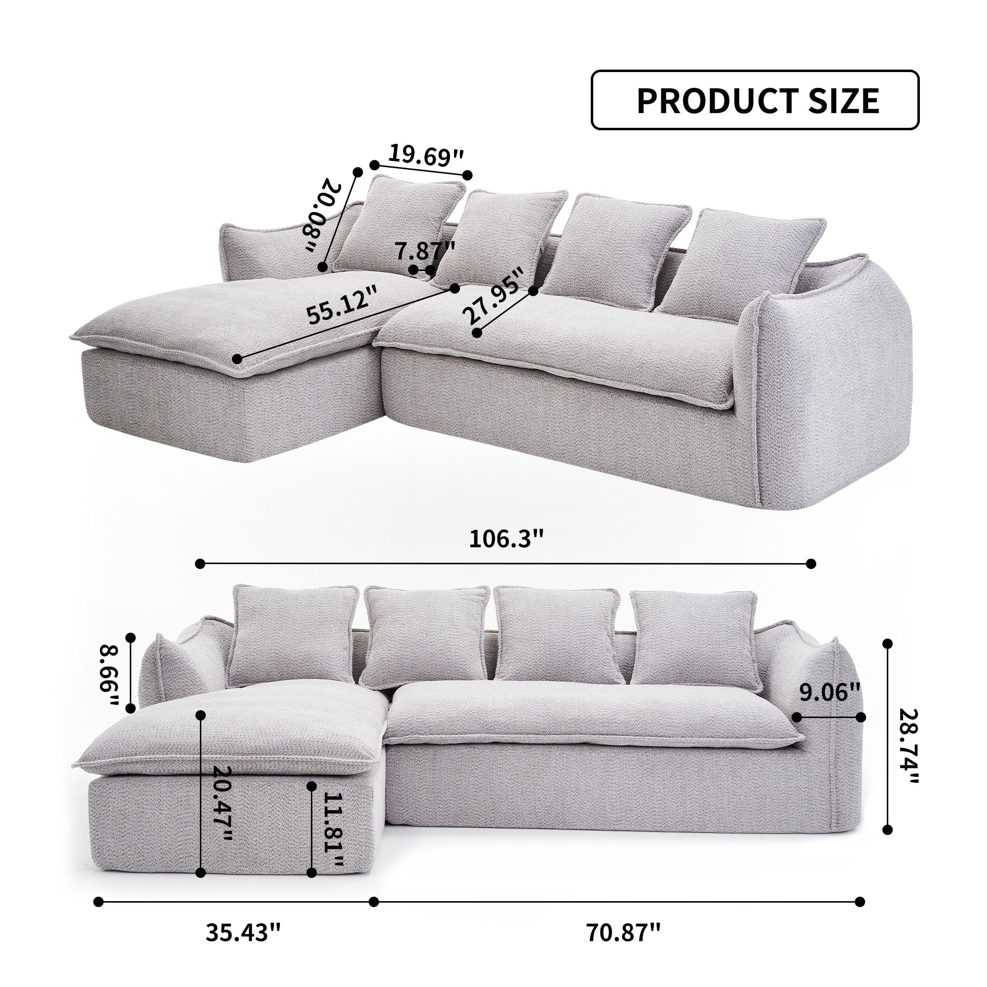 Sofa Deep Seat Sofa 3 Seater For Living Room Oversized Comfy Sofa L - Shape Sofa Couch With Chaise Home Furniture Sleeper Sectional Sofa For Apartment, Office Left Hand Facing