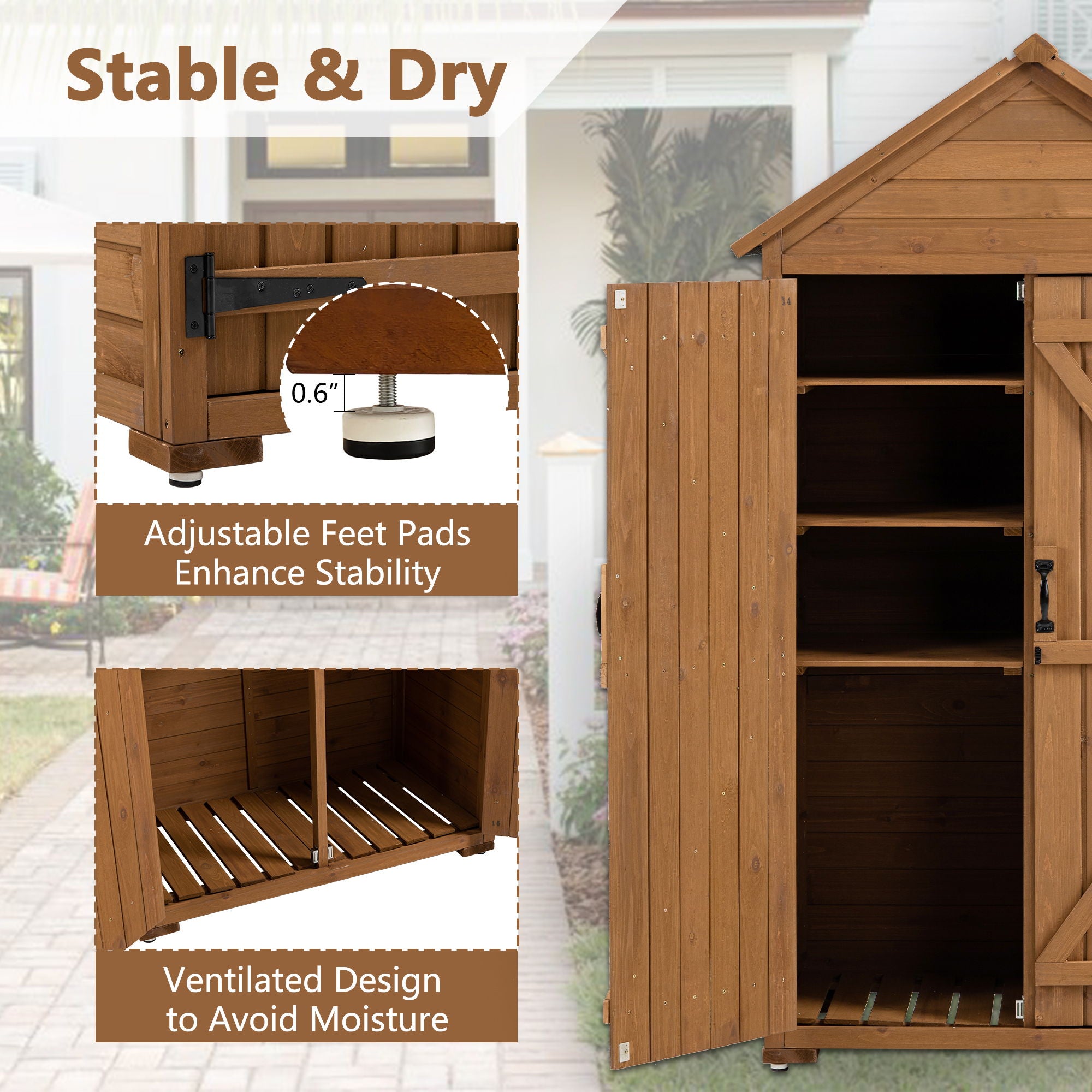 Outdoor Storage Cabinet, Garden Wood Tool Shed, Outside Wooden Shed Closet With Shelves And Latch For Yard