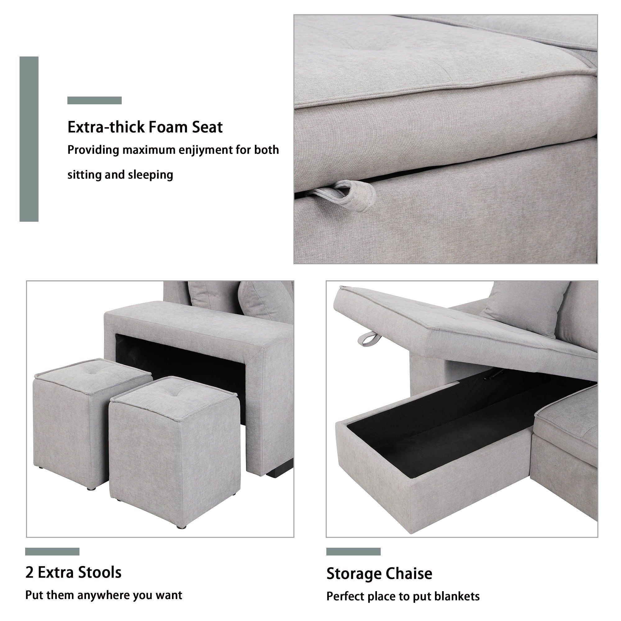 Pull Out Sleeper Sofa Reversible L-Shape 3 Seat Sectional Couch With Storage Chaise And 2 Stools For Living Room Furniture Set - Gray