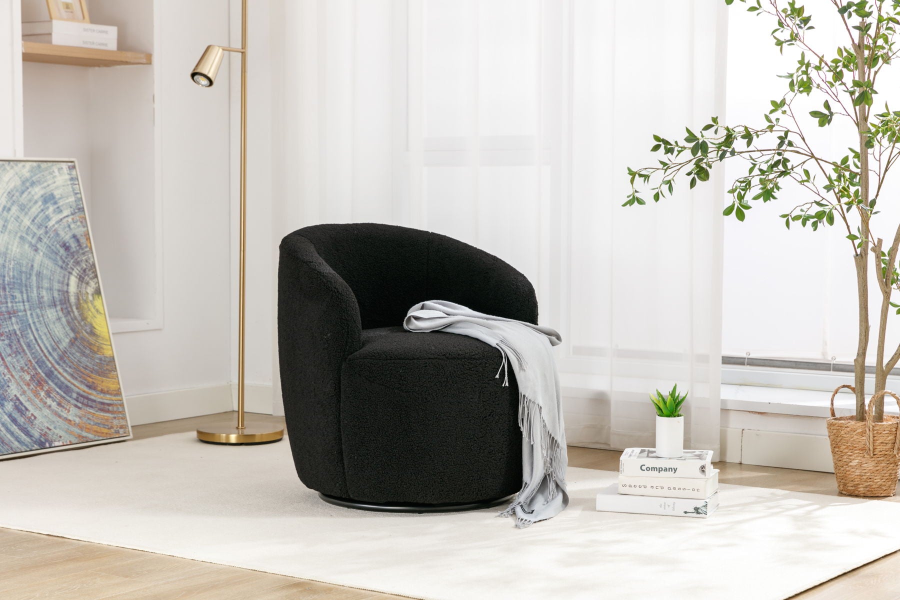 Teddy Fabric Swivel Accent Armchair Barrel Chair With Powder Coating Metal Ring