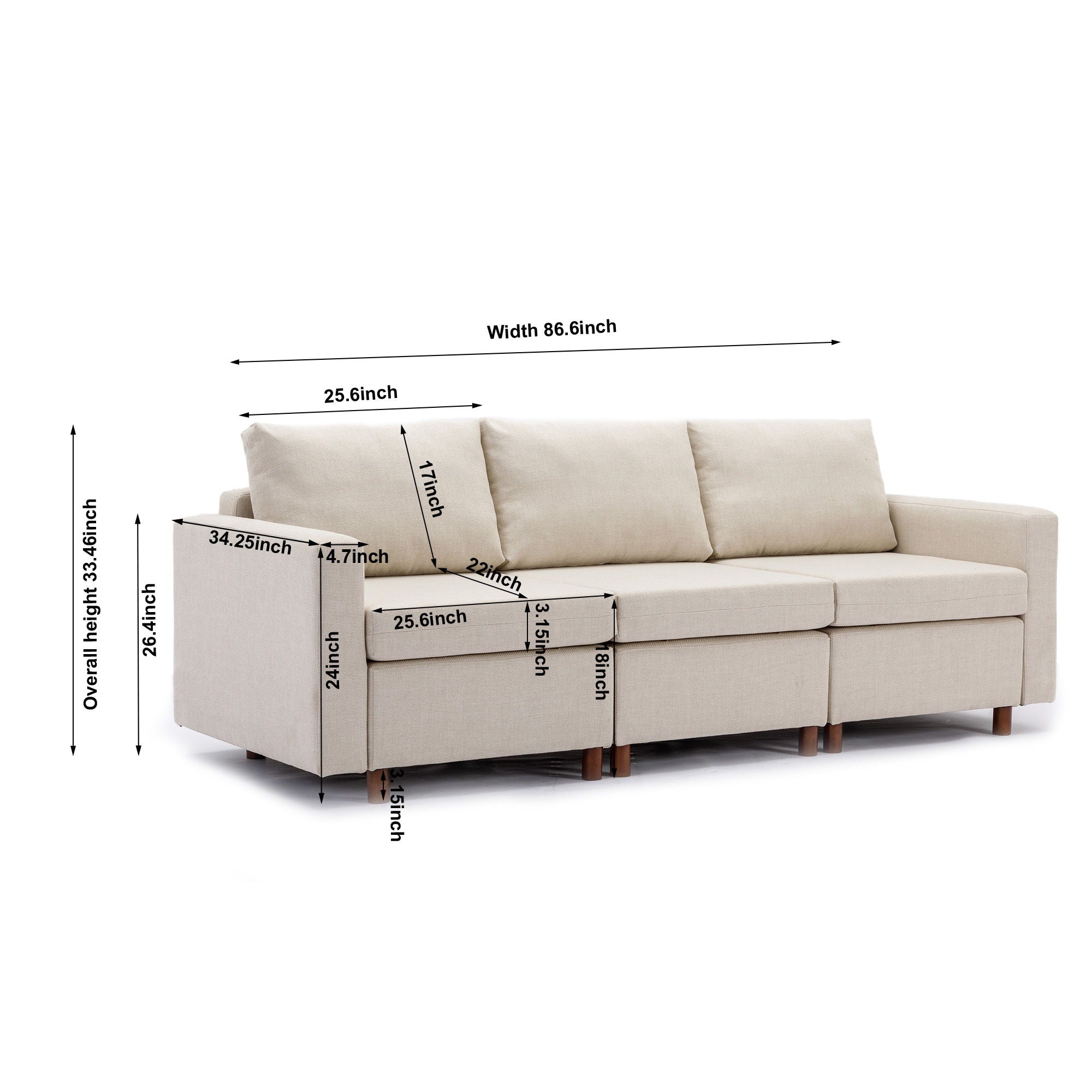 3 Seat Module Sectional Sofa Couch With 1 Ottoman For Living Room, Seat Cushion And Back Cushion Non-Removable And Non-Washable