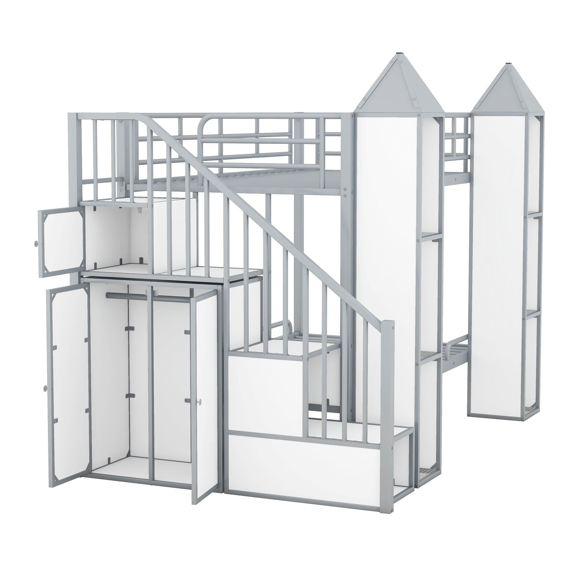 Metal Twin Over Twin Castle-Shaped Bunk Bed With Wardrobe And Multiple Storage - Gray / White