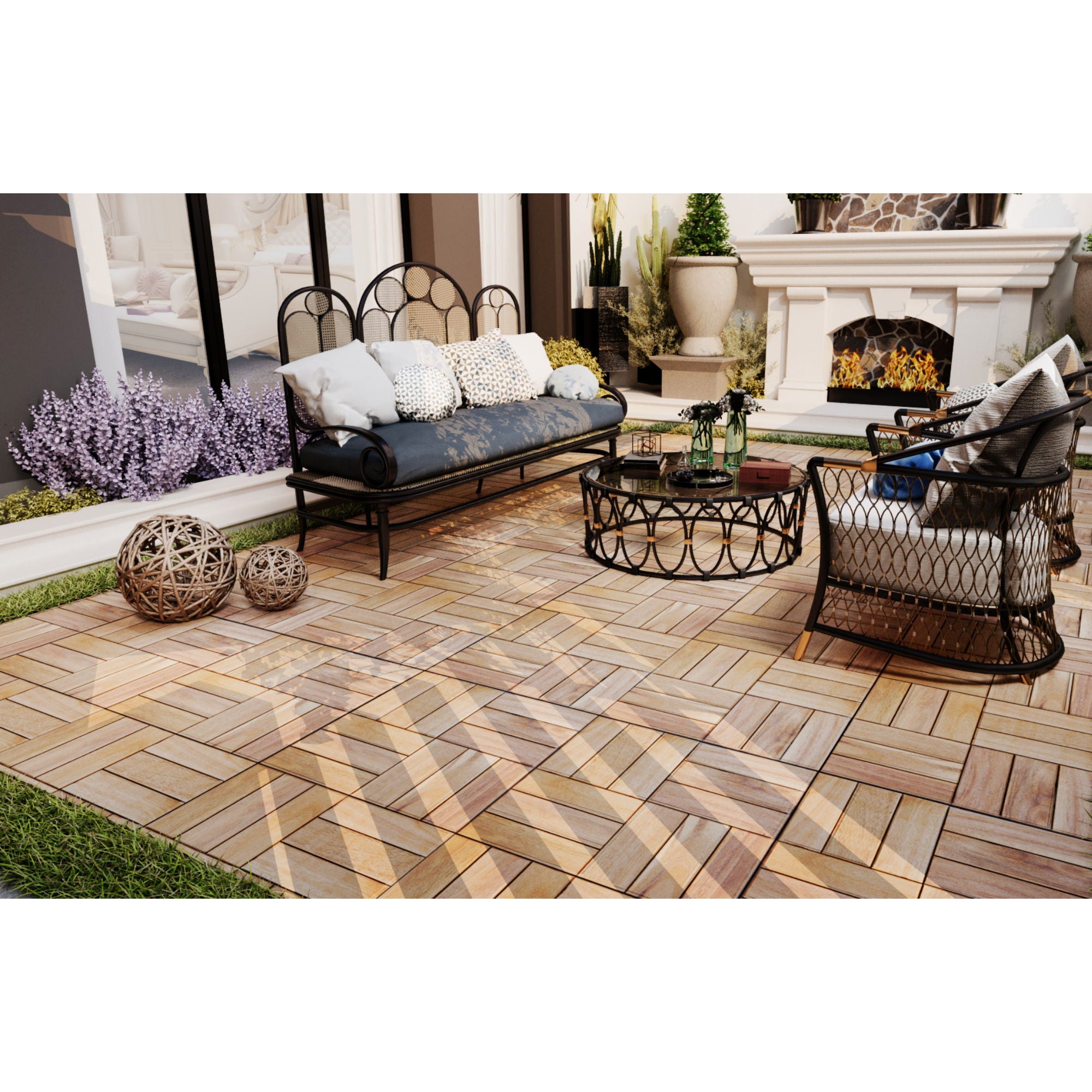 Interlocking Deck Tiles Checker Pattern, Square Acacia Hardwood Outdoor Flooring For Patio, Bancony, Pool Side