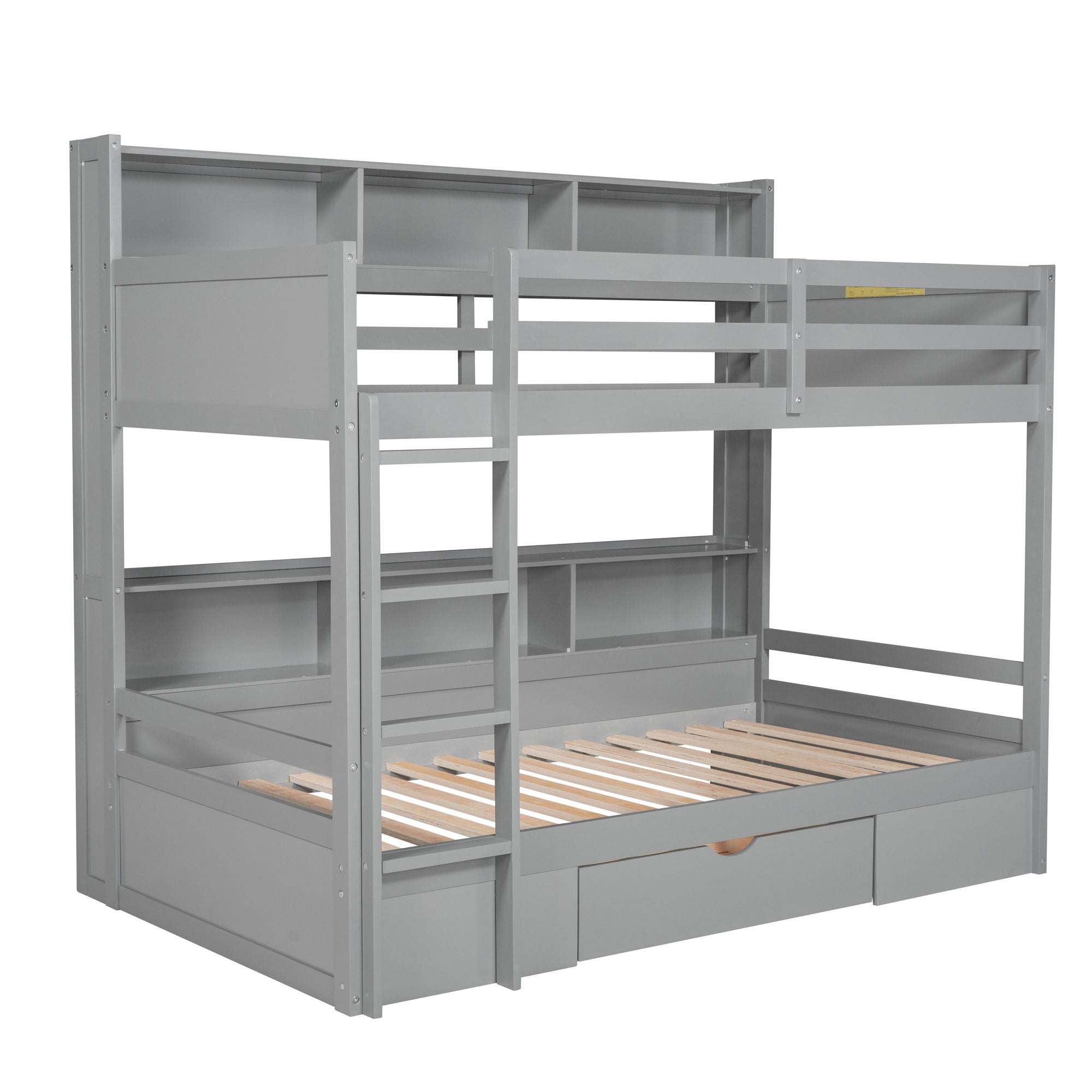 Twin Size Bunk Bed With Built-In Shelves Beside Both Upper And Down Bed And Storage Drawer