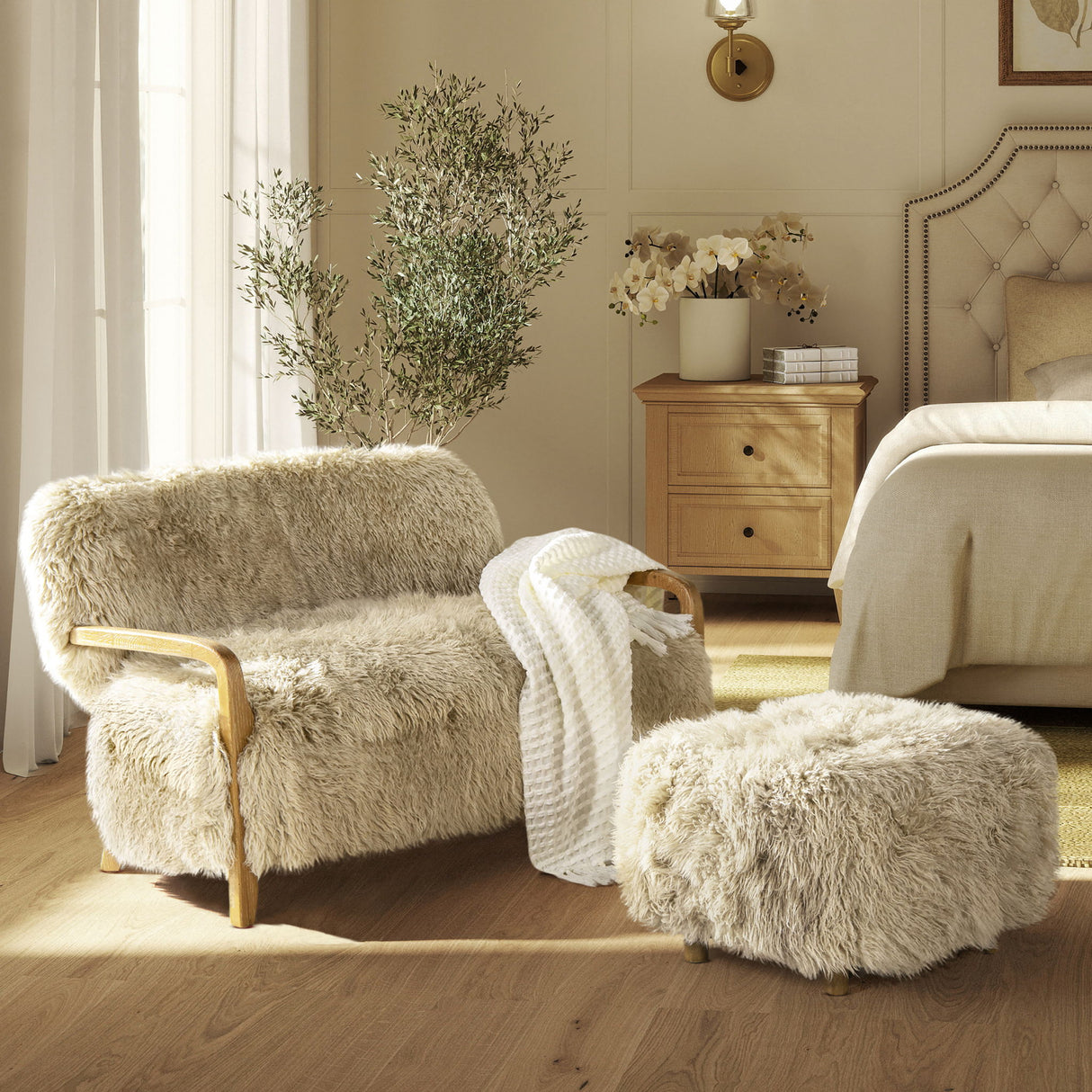 Enchante - New Zealand Sheepskin Rectangular Accent Ottoman - Taupe / Natural by Jennifer Taylor Home | Bel Furniture