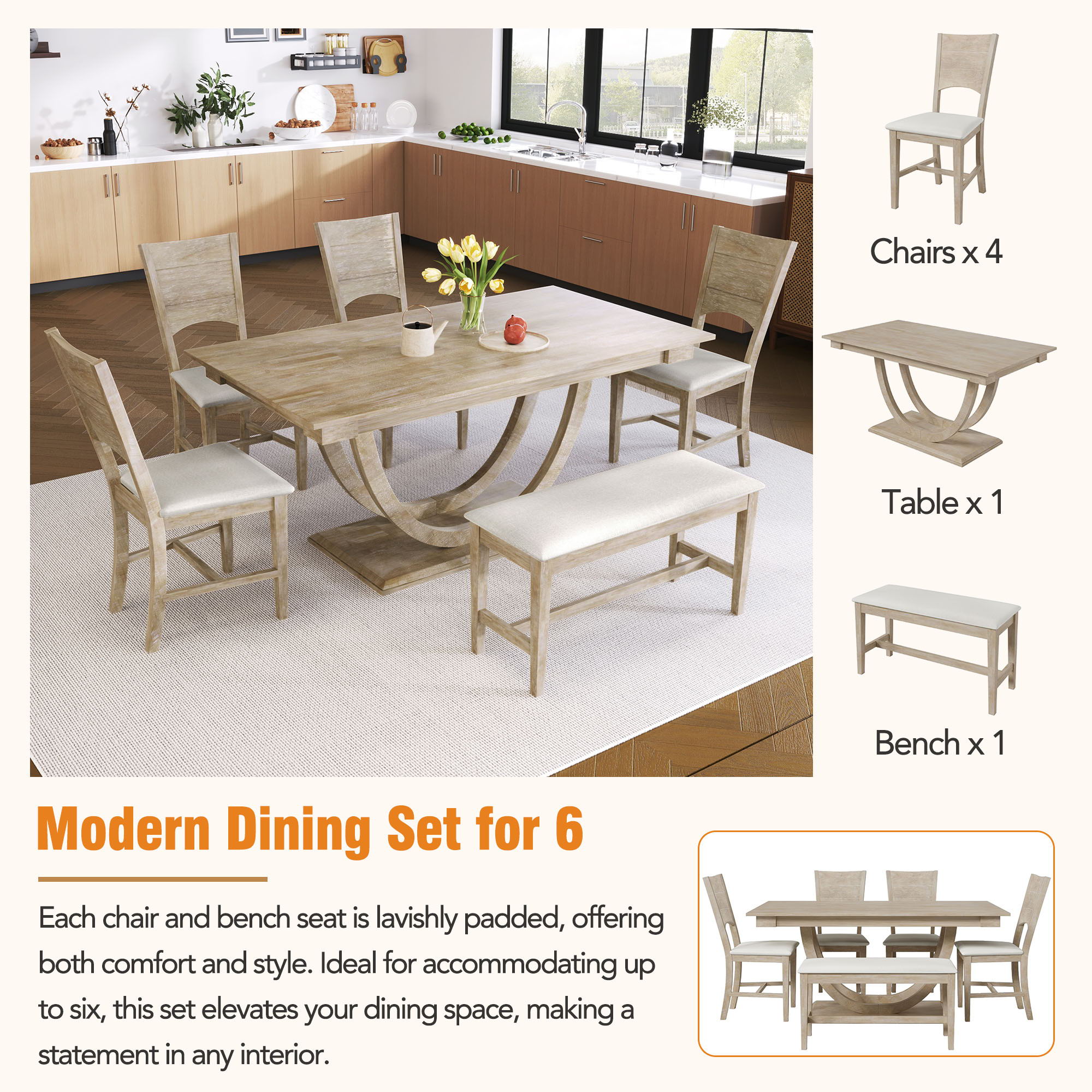 Topmax - 6 Piece Wood Half Round Dining Table Set Kitchen Table Set With Long Bench And 4 Dining Chairs, Modern Style