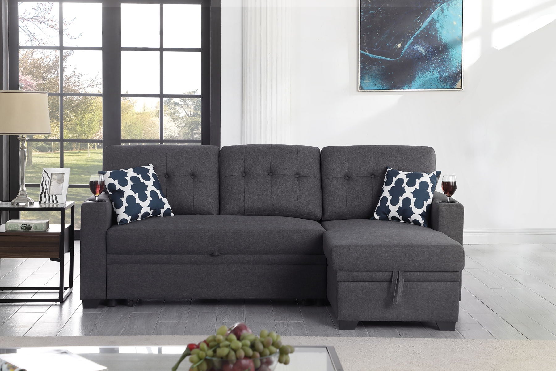 82" Width Sectional With Storage Chaise And Cupholder Armrest