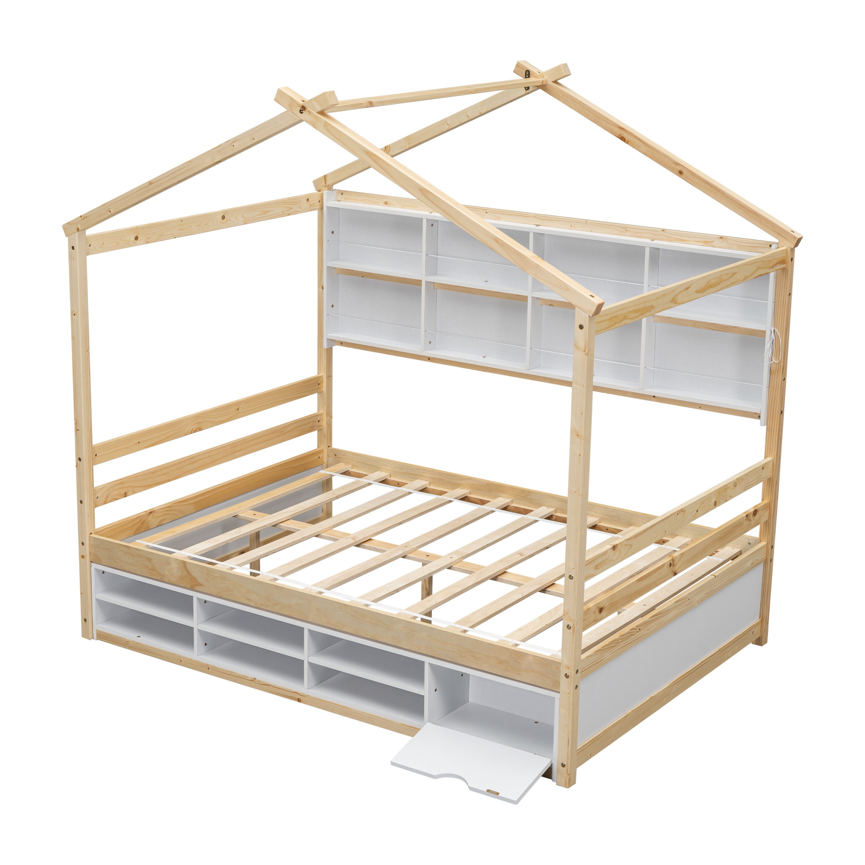 House Bed With Roof Frame, Bedside-Shelves, Under Bed Storage Unit