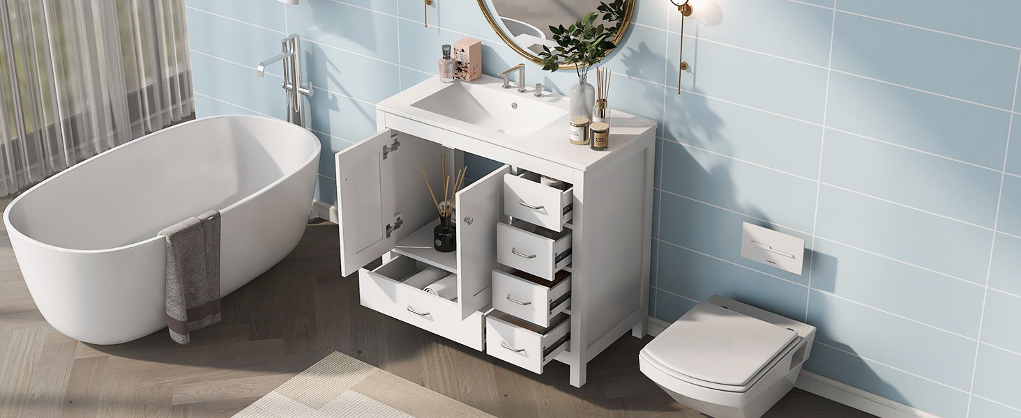 Bathroom Vanity With Ceramic Sink Combo, Abundant Storage Cabinet -2 Soft-Close Doors And 5 Drawers