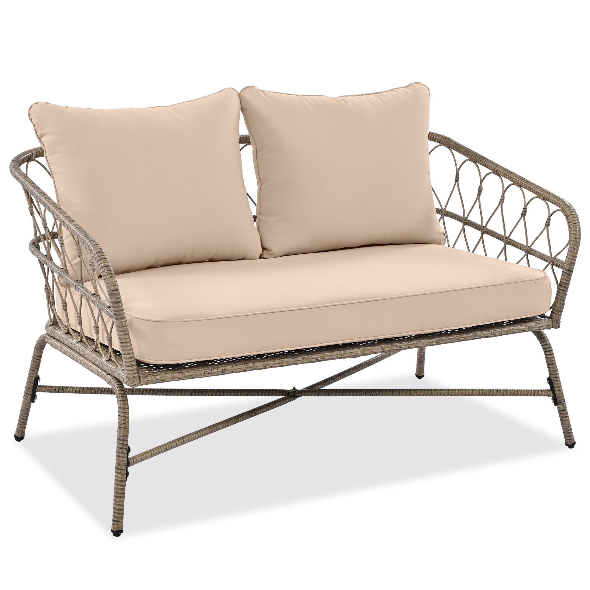 Bohemia-Inspired 4 Person Outdoor Seating Group With Removable Cushions, Conversation Patio Set With Wood Tabletop - Beige