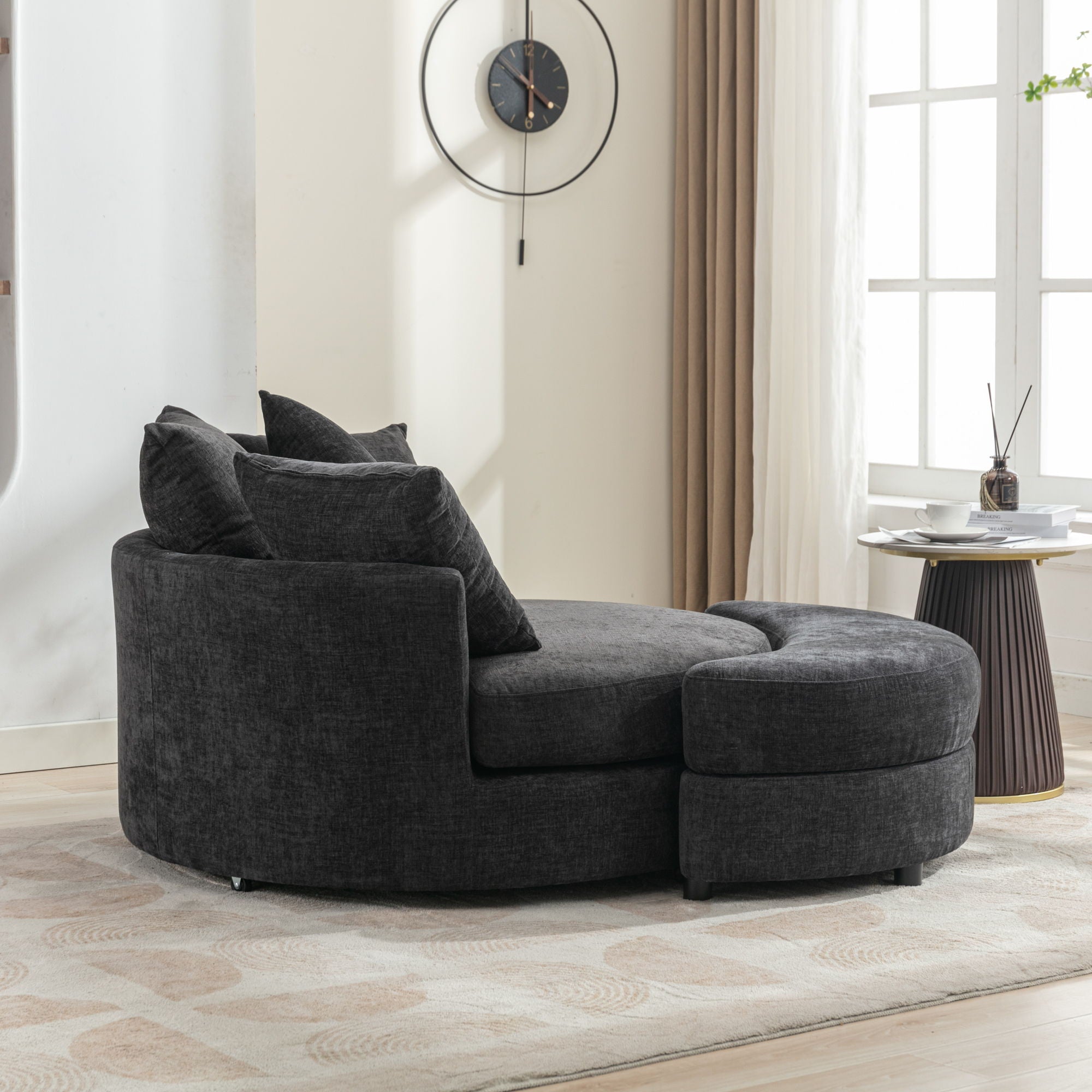 360° Swivel Accent Barrel Chair With Storage Ottoman & 4 Pillows, Modern Chenille Leisure Chair Round Accent For Living Room