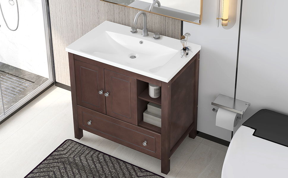 Bathroom Vanity With Sink, Bathroom Storage Cabinet With Doors And Drawers, Solid Wood Frame, Ceramic Sink