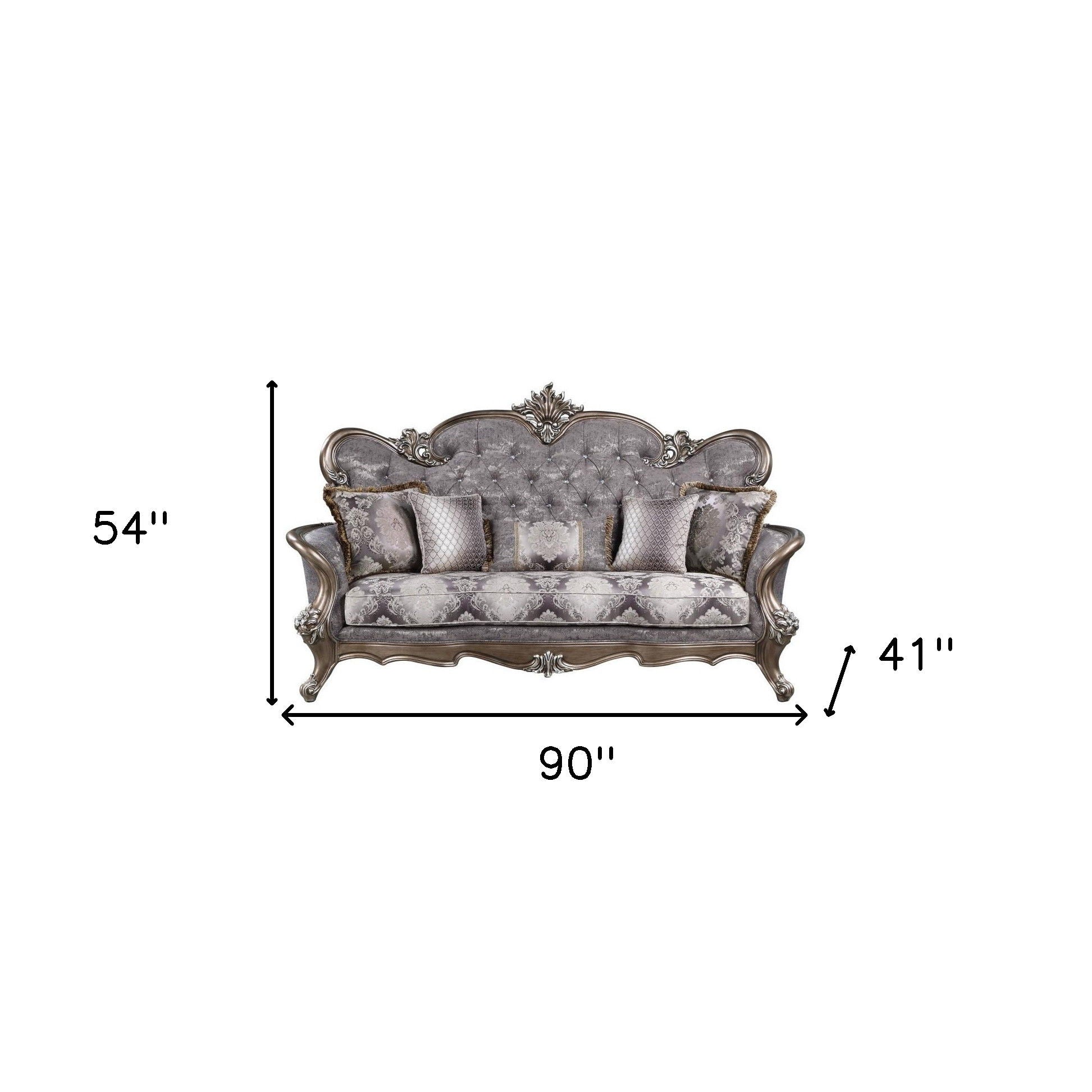 Cotton Blend Damask Sofa And Toss Pillows With Bronze Legs - White