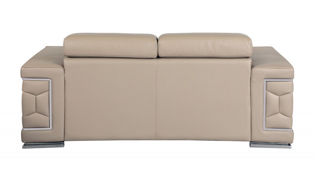 Genuine Leather Love Seat - Beige / Silver