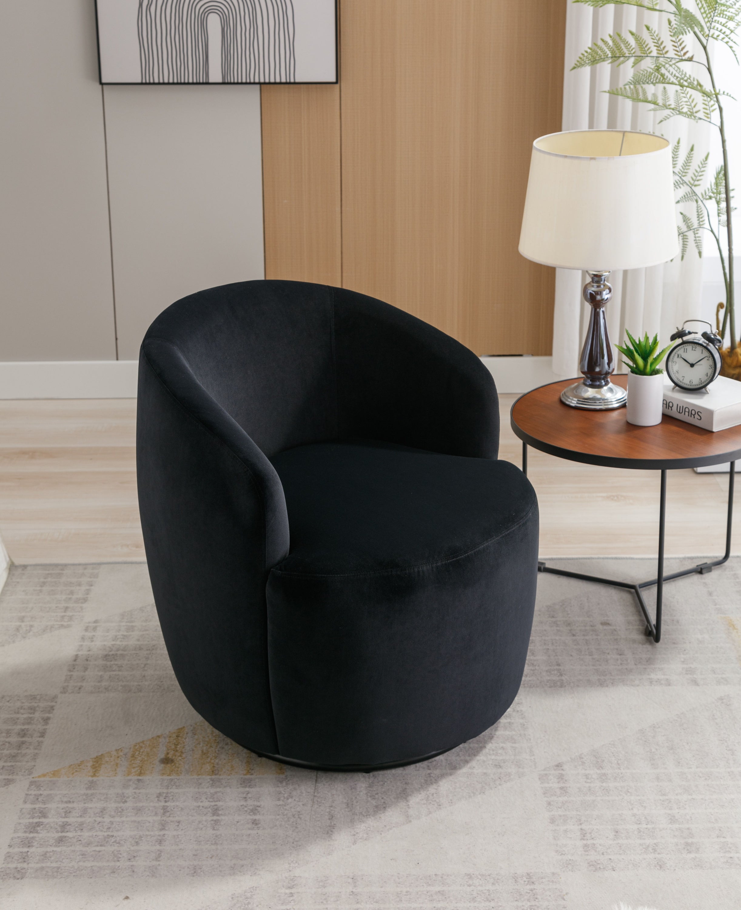 Velvet Fabric Swivel Accent Armchair Barrel Chair With Powder Coating Metal Ring