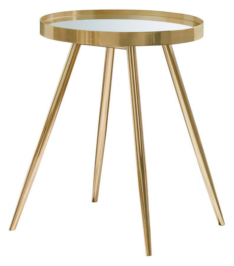 Kaelyn - Round Mirror Top End Table Gold by CoasterEssence | Bel Furniture