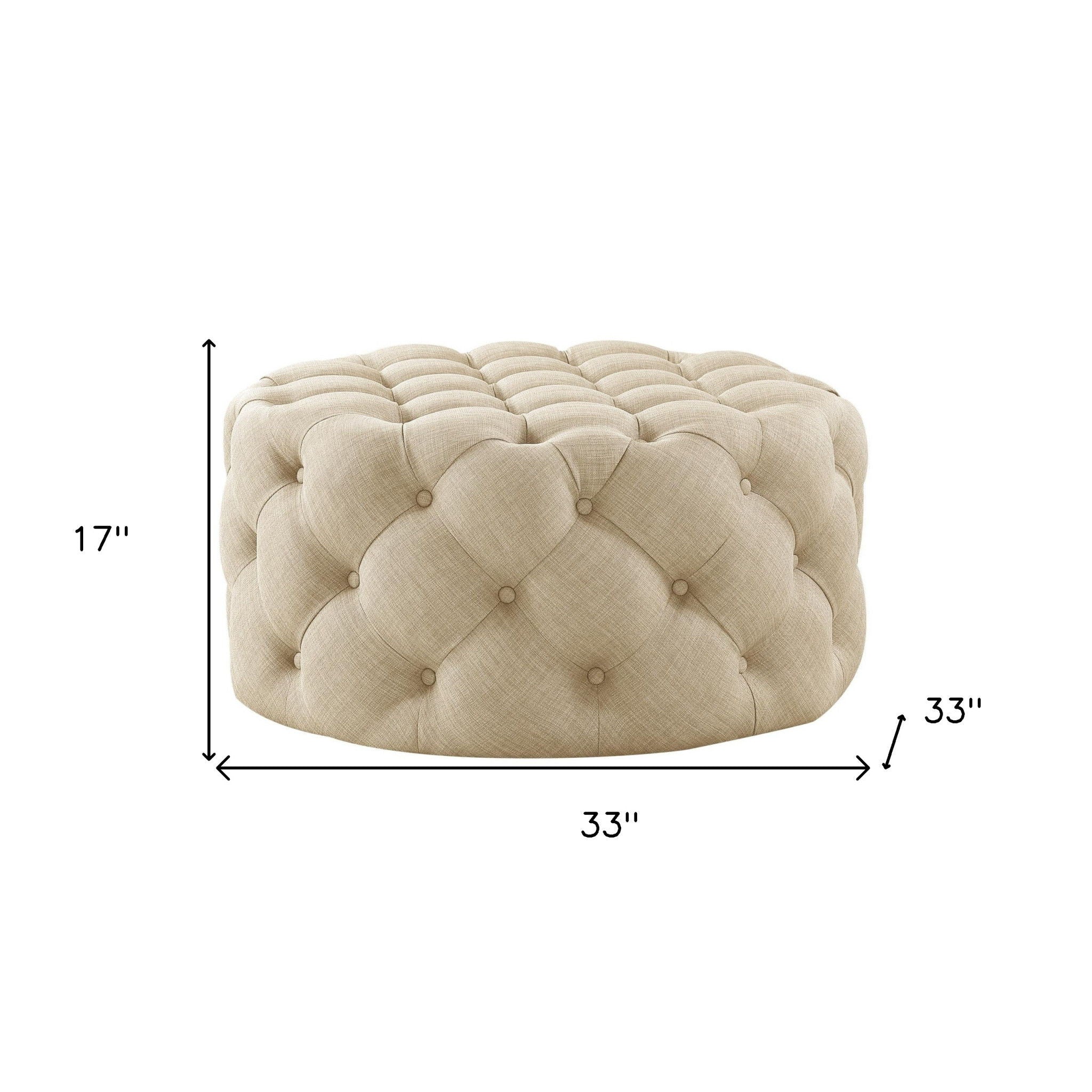 Linen Rolling Tufted Round Cocktail Ottoman - Beige