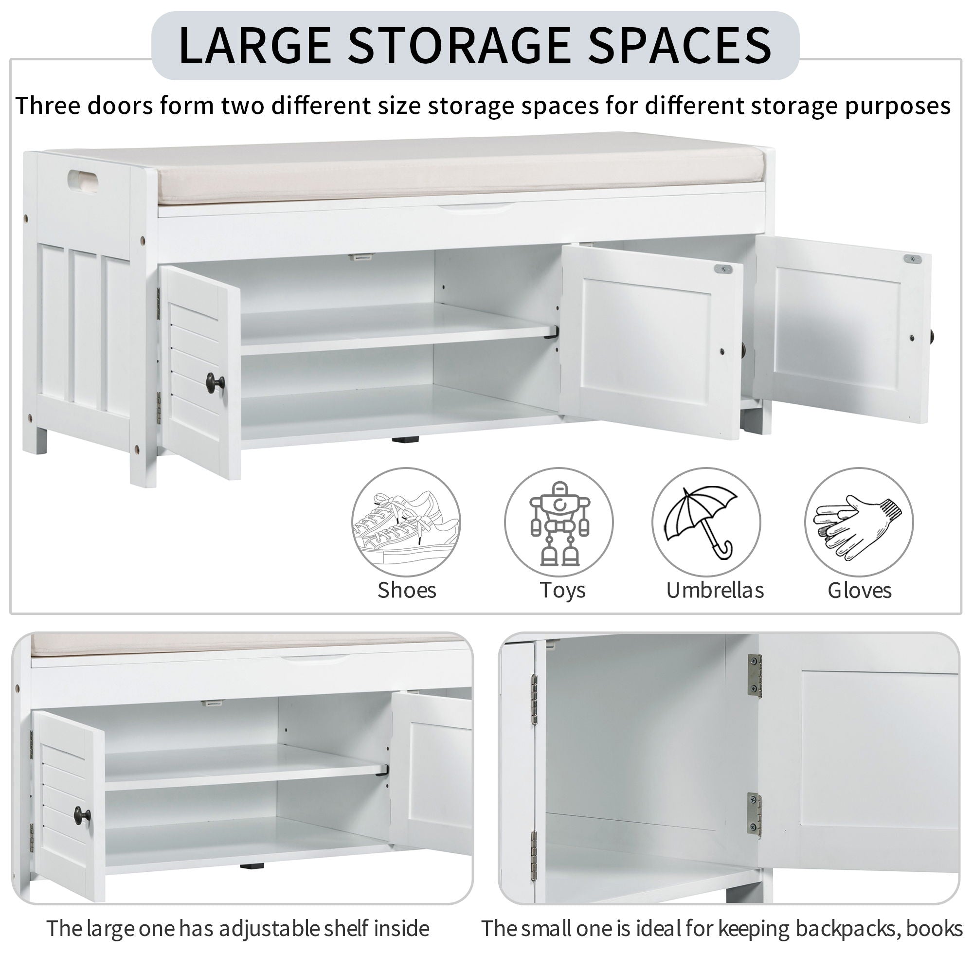 Storage Bench With 3 Shutter-Shaped Doors, Shoe Bench With Removable Cushion And Hidden Storage Space