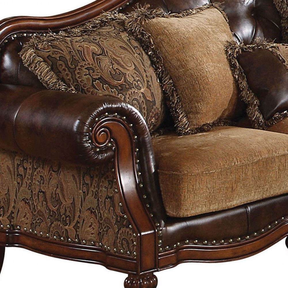 Faux Leather Sofa With Wood Brown Legs - Brown